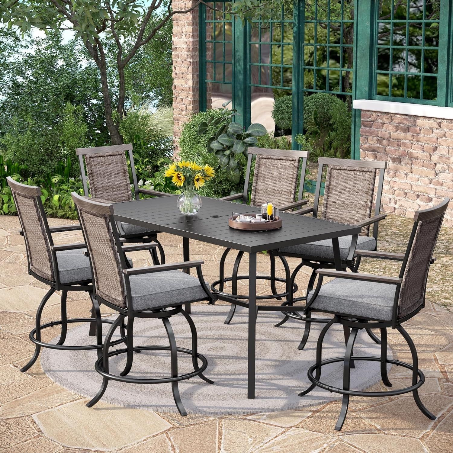 7PCS Patio Bar Set, Outdoor Swivel Bar Chairs with Rattan Backrest &amp; Cushion,Large Patio Bar Table for 6,Patio High Furniture for Garden,Lawn