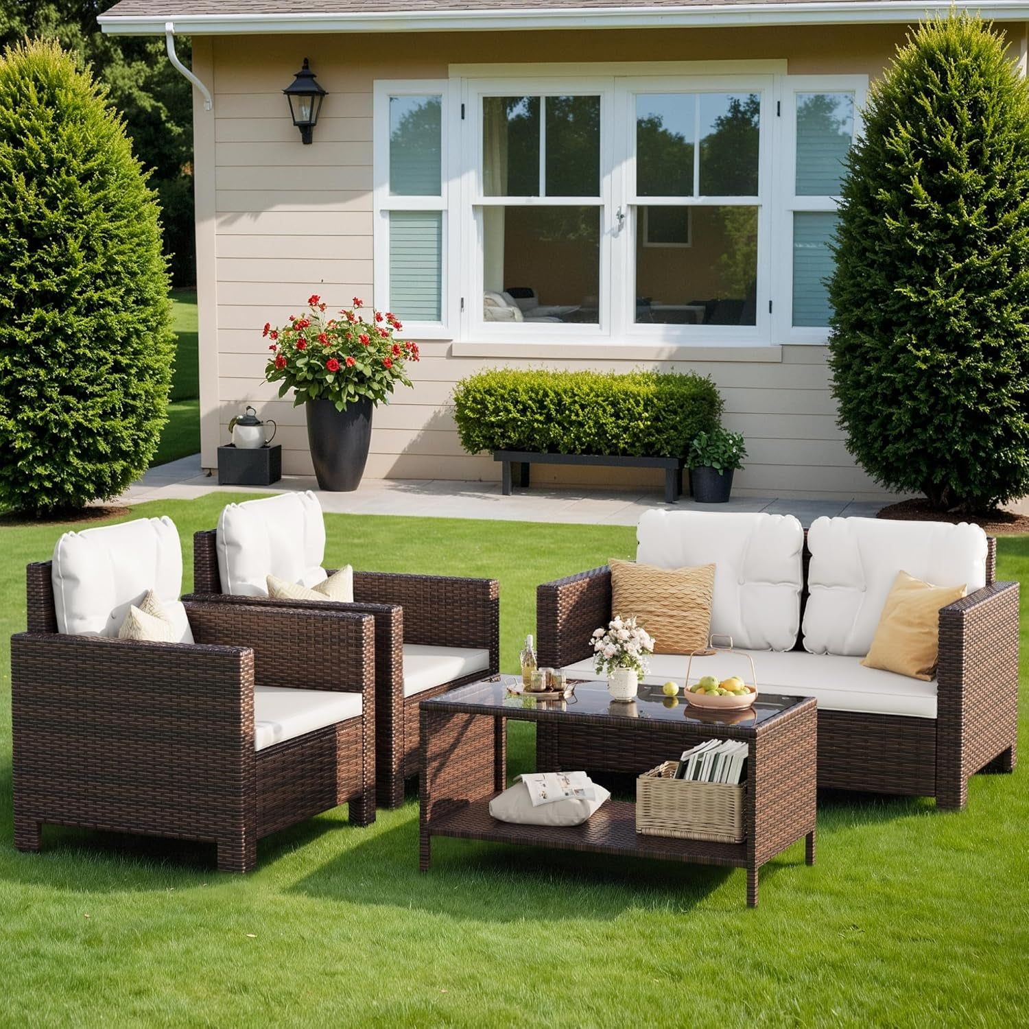 4 Pieces Patio Furniture Sets Rattan Chair Wicker Conversation Sofa Set, Outdoor Indoor Backyard Porch Garden Poolside Balcony Use (Beige)