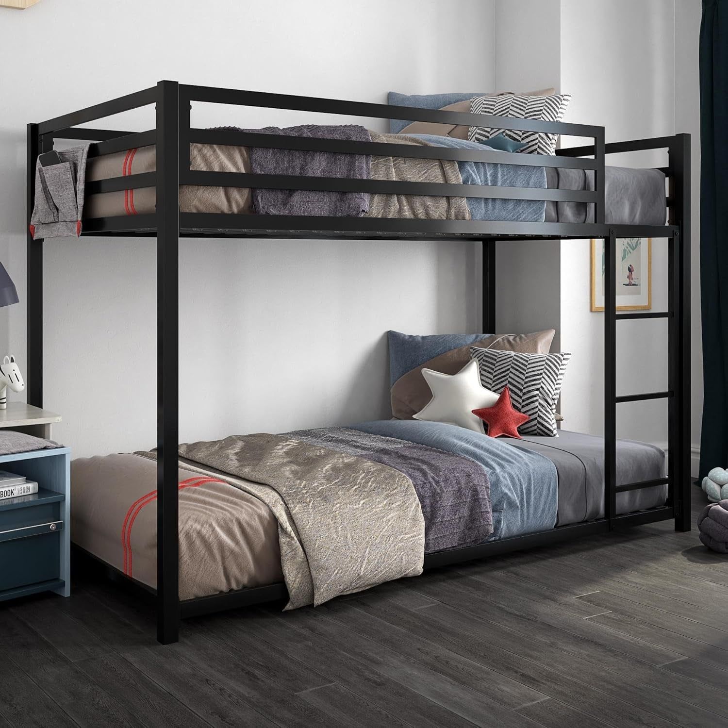 Miles Low Metal Bunk Bed Frame for Kids, with Built-In Ladder, High Guardrail and Metal Slats, Floor Bed Bottom Bunk, No Boxspring Required, for Small Spaces, Twin-Over-Twin, Black