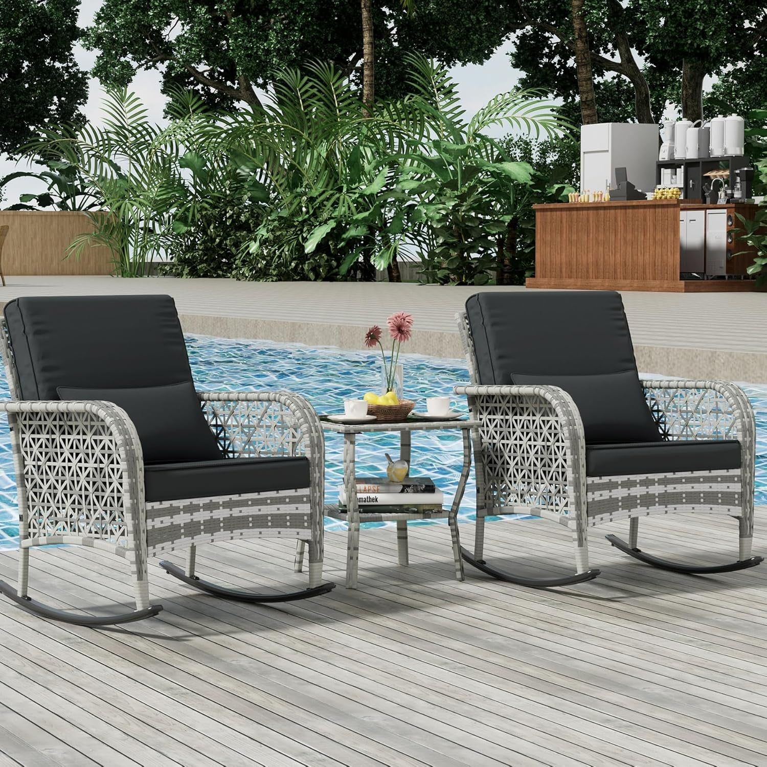 3 Piece Gray Wicker Patio Rocking Chair Set, Bistro Rocking Set, Outdoor Conversation Furniture with Porch Chairs and Glass Coffee Table, Slate Grey
