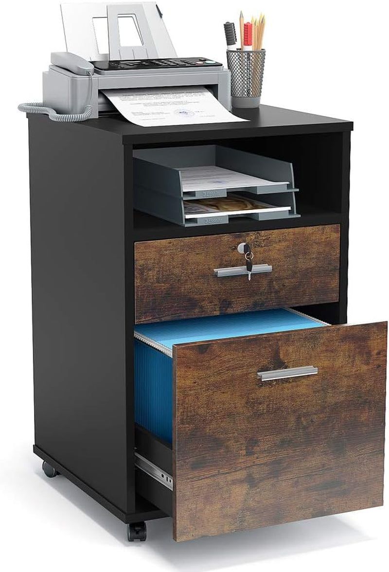 2 Drawer Mobile File Cabinet with Lock, Wood Modern Filing Cabinet for Letter Size, Printer Stand with Rolling Wheels and Open Storage Shelf for Home Office(Rustic Brown)