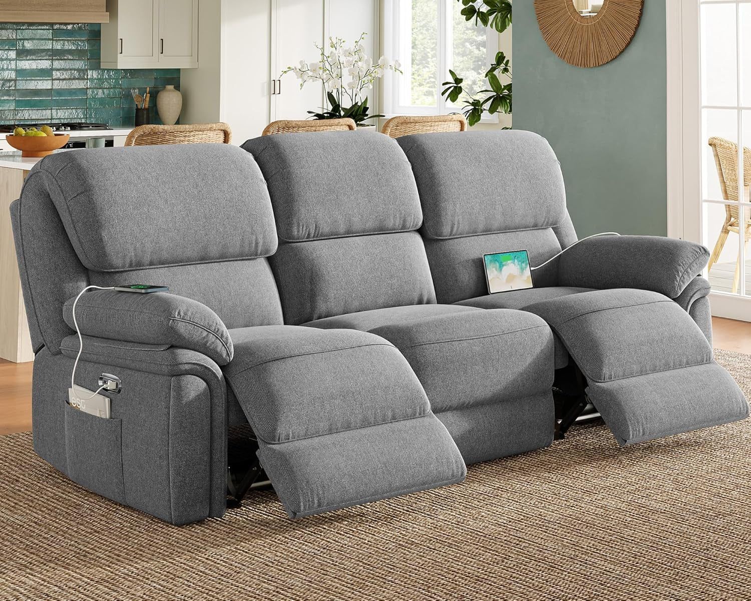 Power Recliner Sofa, Home Theater Seating Seats with Type-C Charging Ports, Electric Reclining Sofa for Living Room, Home Theater, Grey Chenille