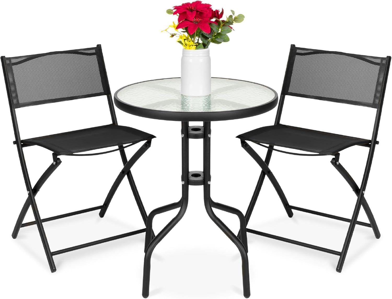 3-Piece Patio Bistro Dining Furniture Set W/Textured Glass Tabletop, 2 Steel Folding Chairs, Polyester Fabric - Black