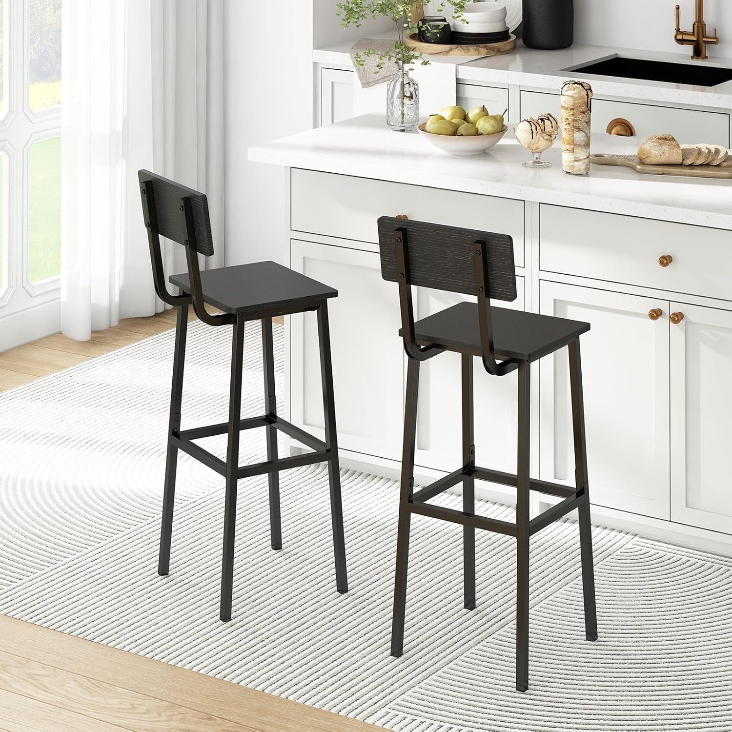 Set of 2 Bar Stools, Tall Bar Stools with Backrest and Footrest, Tall Bar Chairs, Industrial Style Counter Height Bar Stools for Dining Room, Kitchen, Bar Rustic Black