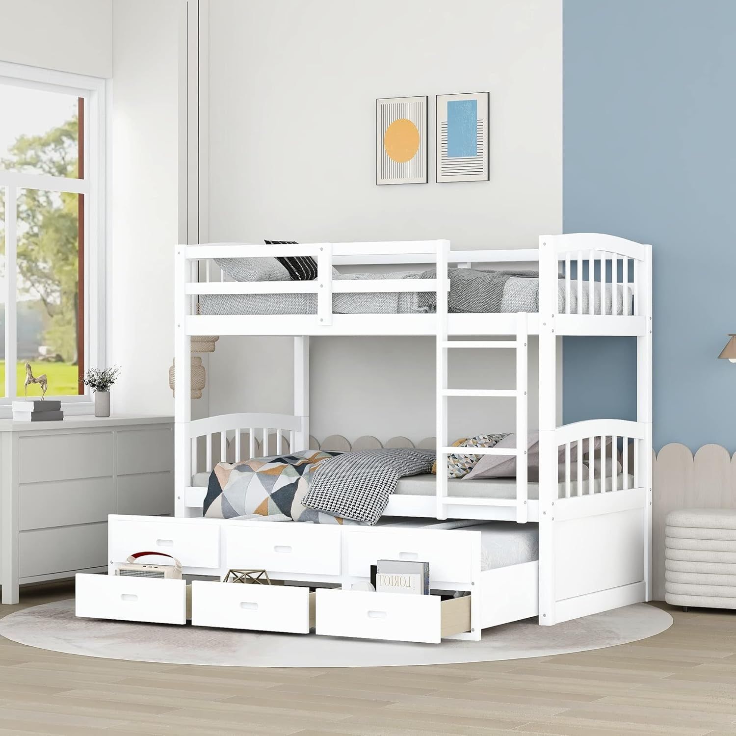 Harper&amp;Bright Designs Twin over Twin Bunk Bed with Twin Trundle, 3 Storage Drawers, Safety Rail, and Removable Ladder, Can Be Separated into 3 Bed, White