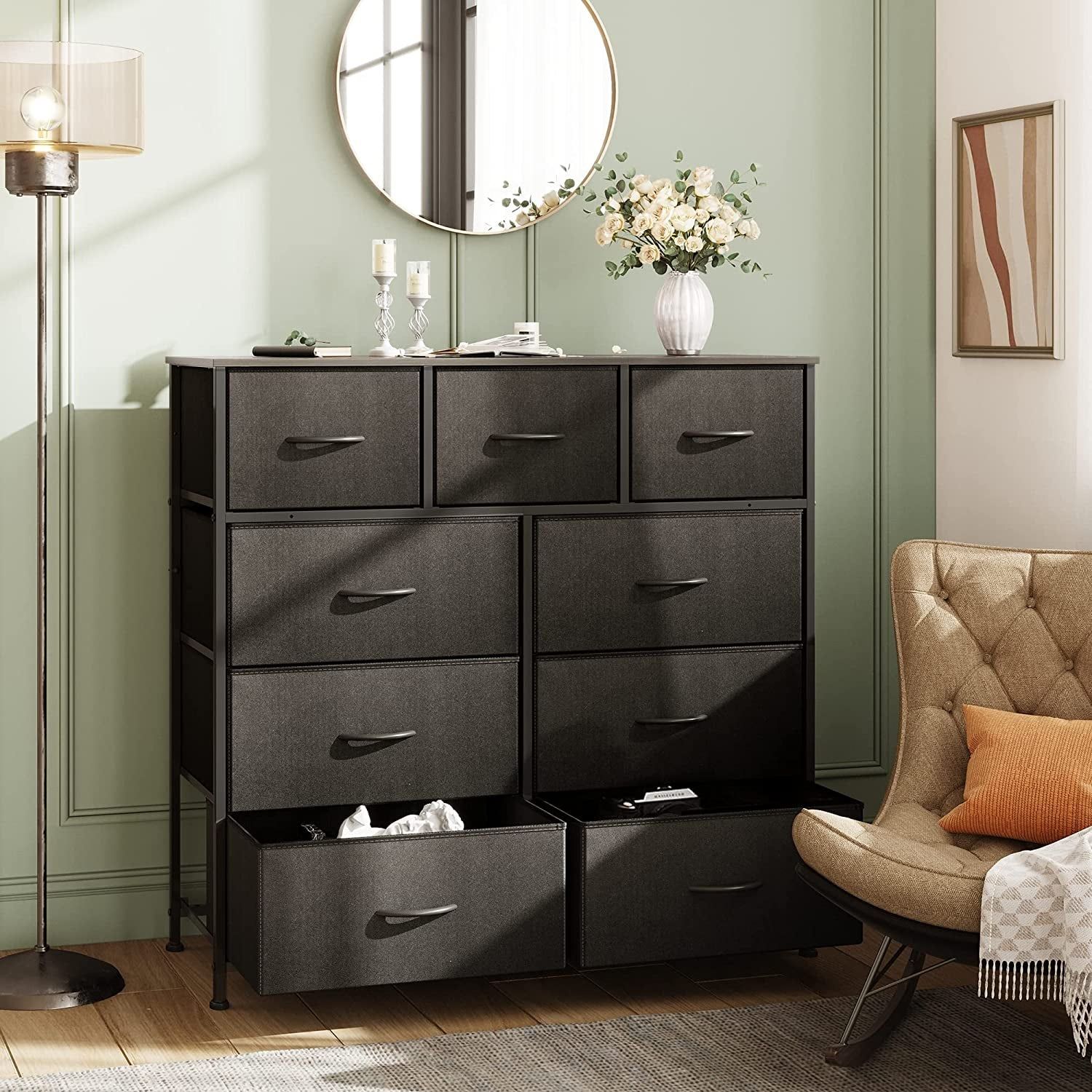 Fabric Storage Tower with 9 Drawers, Charcoal Black