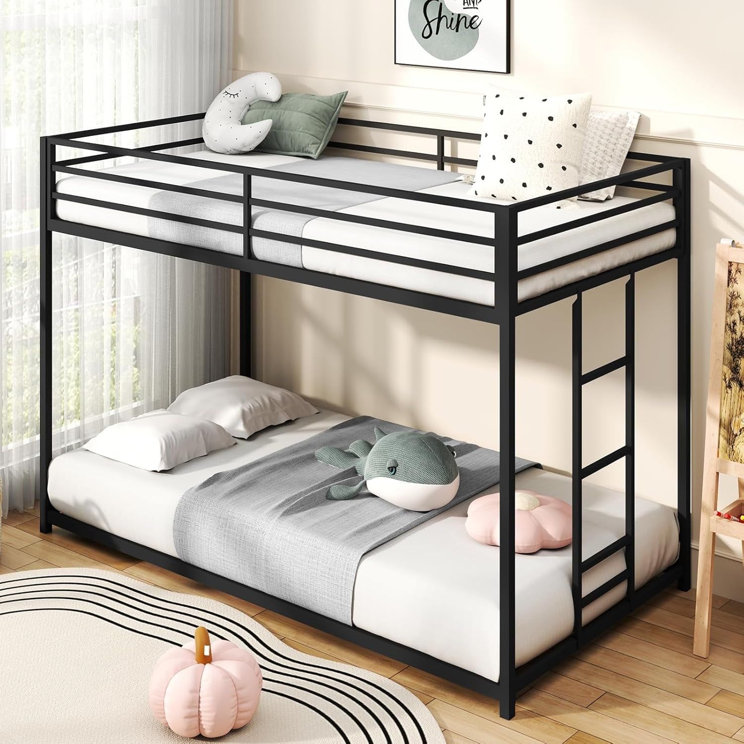 Twin over Twin Bunk Bed, Metal Low Profile Bunkbeds with Full-Length Guardrail and Ladder, Space Saving, No Boxing Spring Needed, Black