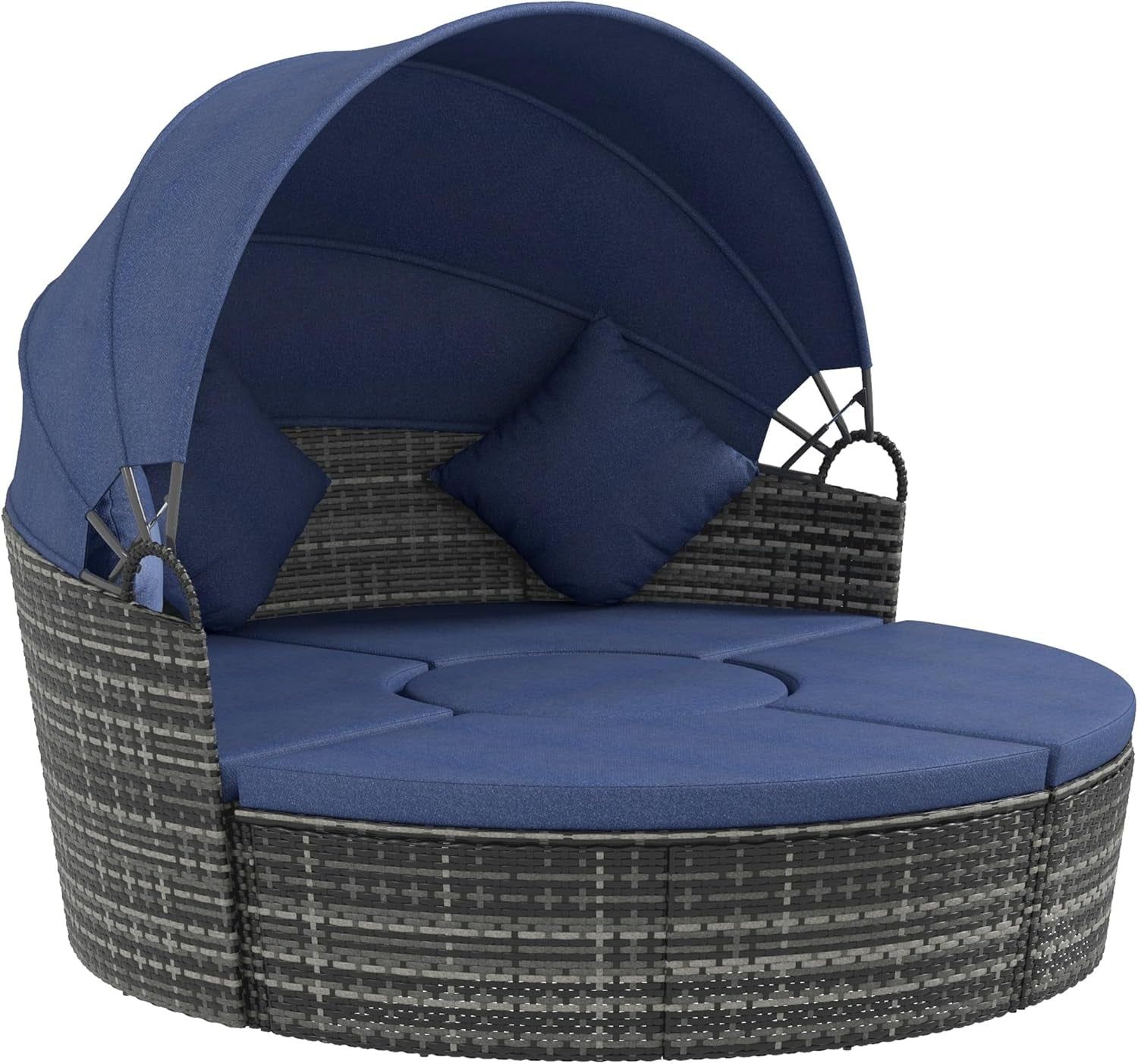 4-Piece round Convertible Daybed with Cushions, Outdoor PE Rattan Patio Wicker Sofa Set, Sunbed with Adjustable Sun Canopy, Sectional Sofa, 2 Chairs, Table, 3 Pillows, Dark Blue