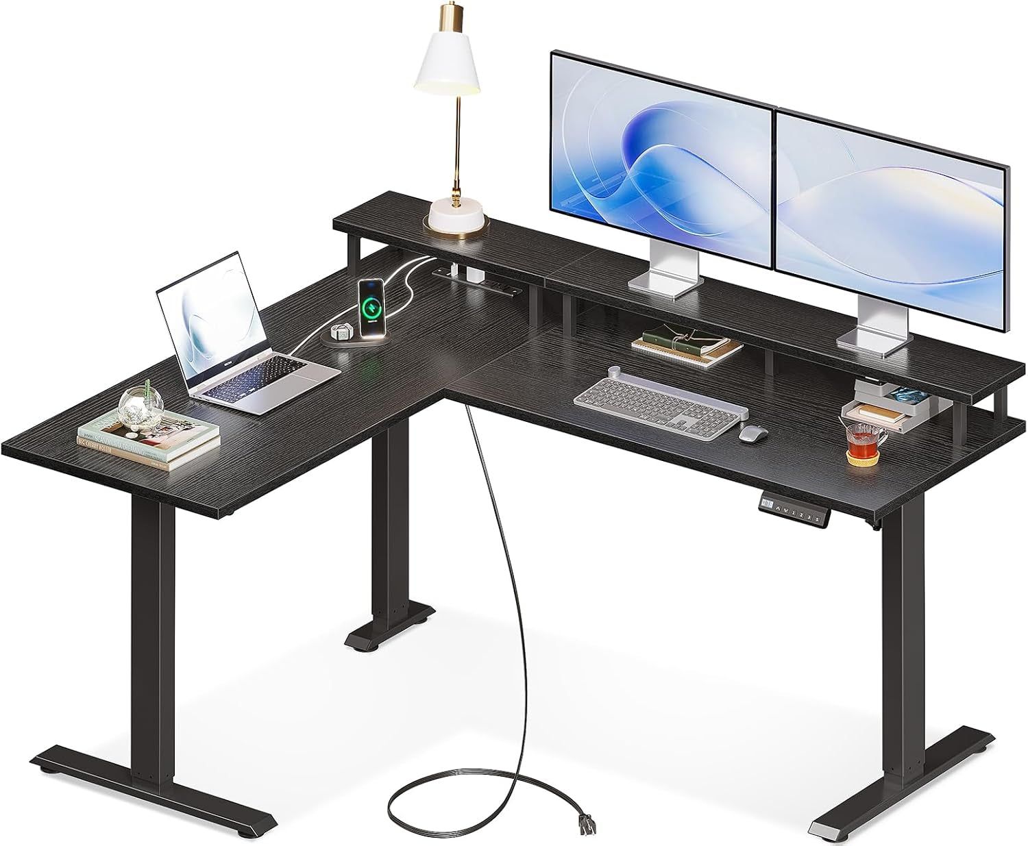 Electric L Shaped Standing Desk with Monitor Stand, 59 Inch Height Adjustable Corner Desk with Power Outlets, Large Sit Stand Table, Reversible Computer Desk for Home, Office, Black