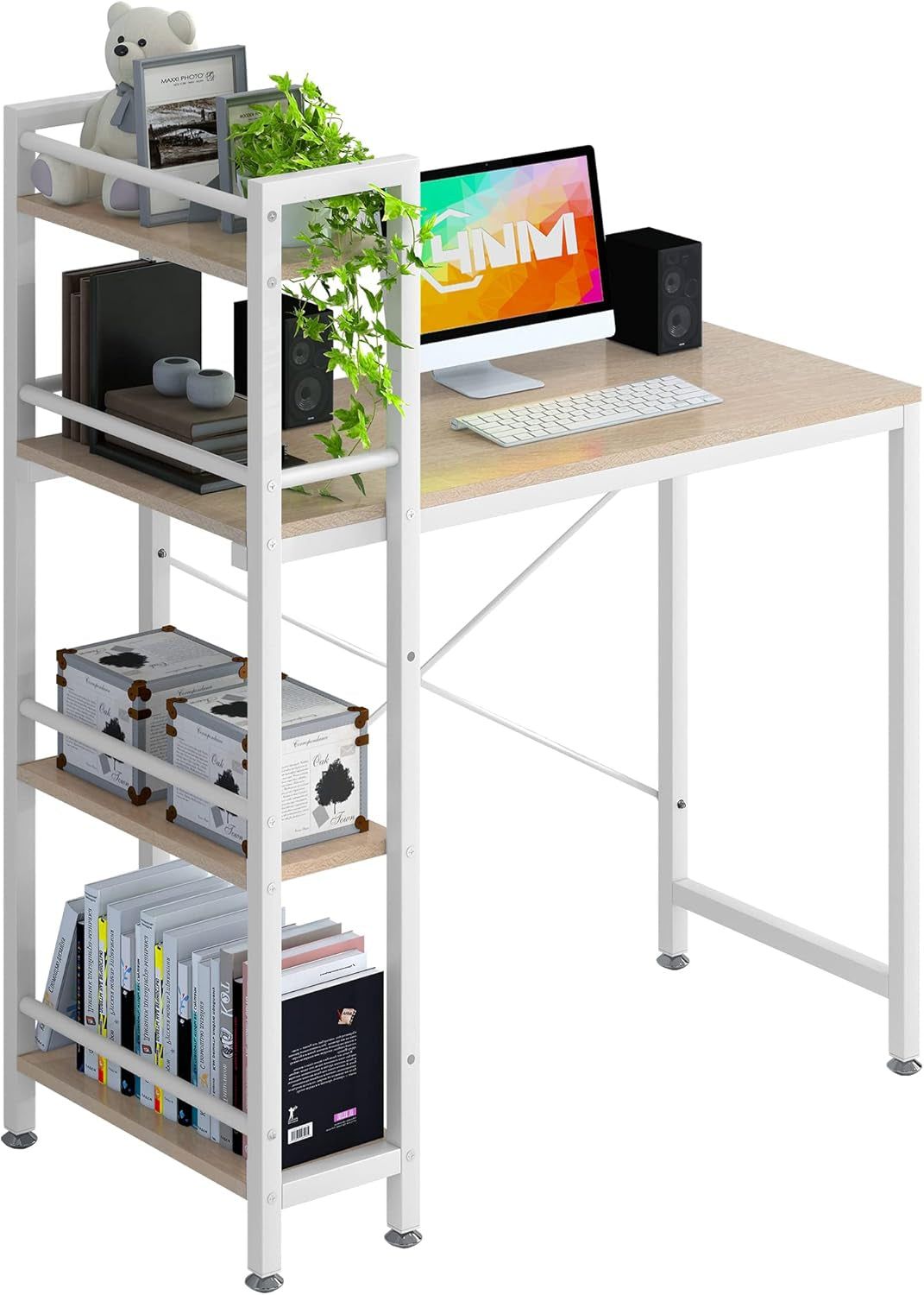 35&quot; Small Computer Desk with 4-Tier Bookshelf, Home Office Desk Writing Workstation Study Table Multipurpose for Small Space Work - Natural and White