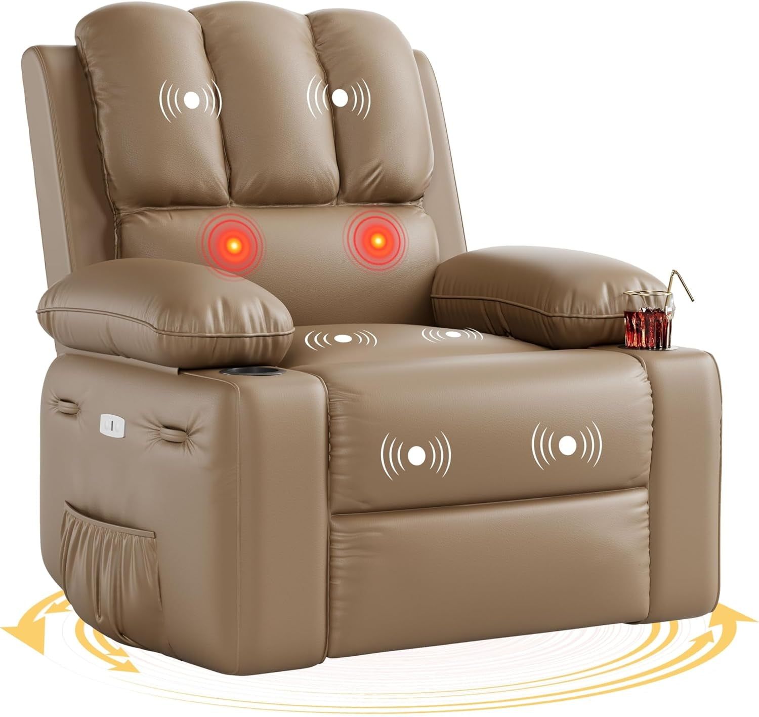 Oversized Electric Recliner Chair - 360° Rocker Swivel Recliner with Heat and Massage, PU Leather Large Recliner for Adults, Comfortable Lazy with 1.5X Sponge Filling for Living Room