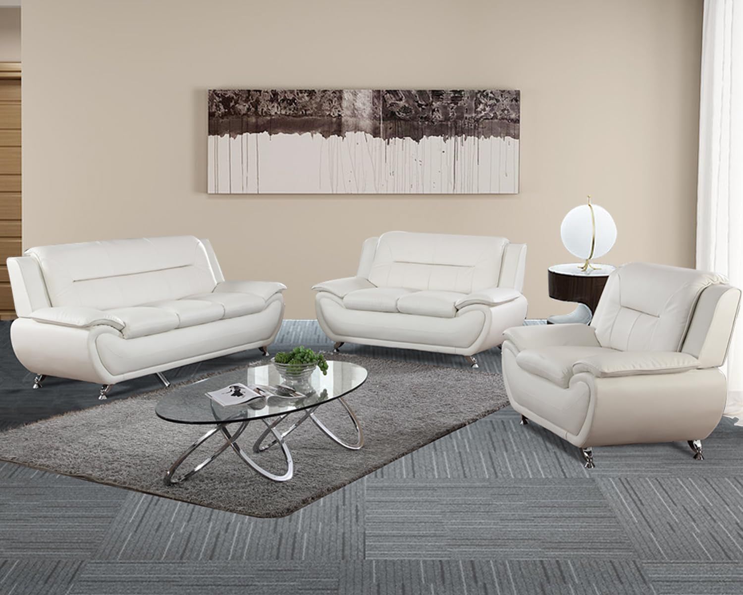 3 Piece Living Room Furniture Set, Leather Sofa Set for Living Room, Modern Couch Set with 3-Seater Sofa, Loveseat and Armchair (Cream White)
