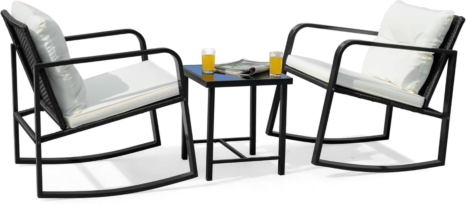 Patio Chairs 3 Piece Wicker Rocking Chair Outdoor Bistro Sets with Coffee Table and Cushions Metal Frame Patio Furniture for Porch, Balcony, Lawn (White)