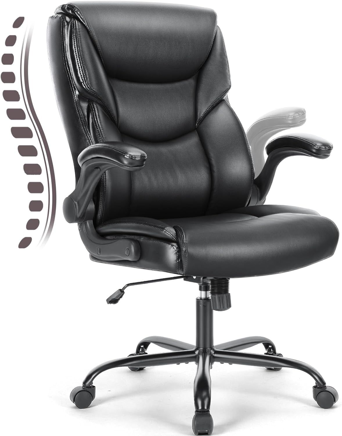 Office Chair - Ergonomic Executive Computer Desk Chairs with Adjustable Flip-Up Armrest, Swivel Task Chair with Lumbar Support, Strong Metal Base, PU Leather, Black