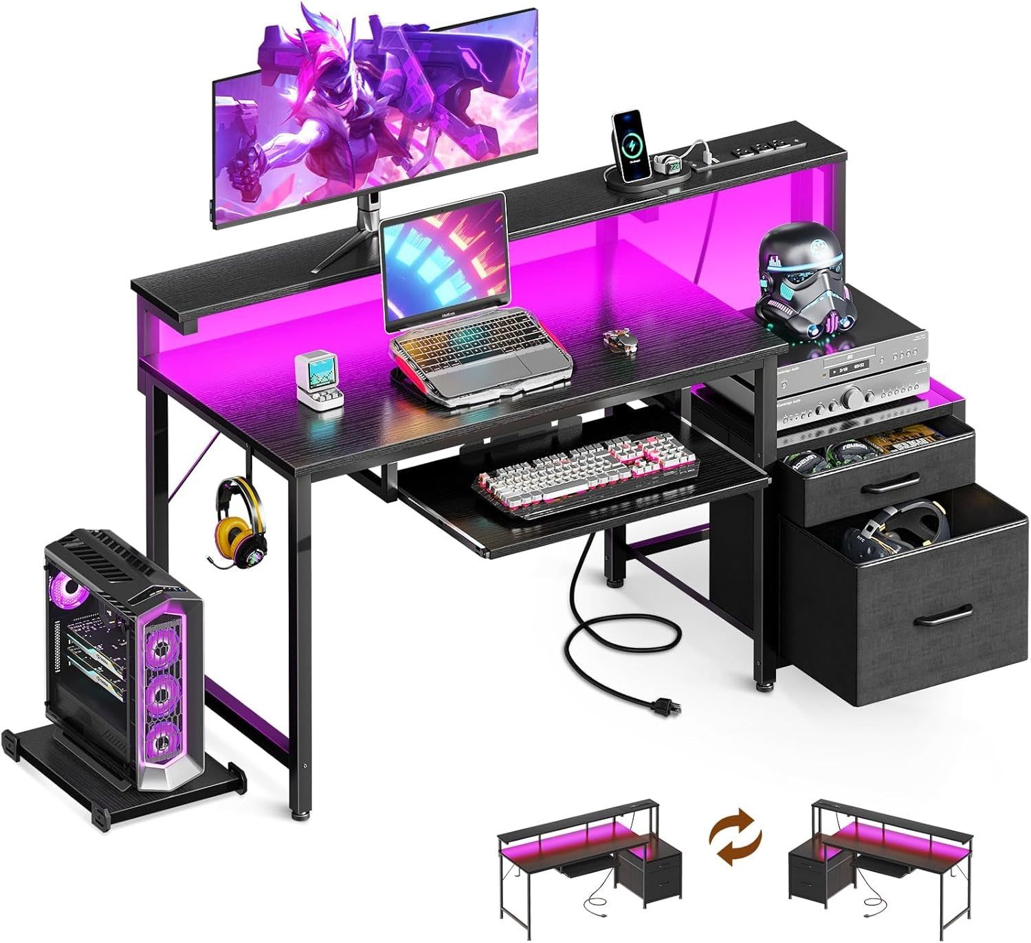 48-Inch Gaming Desk with Power Outlets &amp; LED Light, Reversible PC Desk with Fabric Drawer and File Cabinet, Computer Desk with Keyboard Tray, Table with Full Monitor Riser and PC Stand, Black