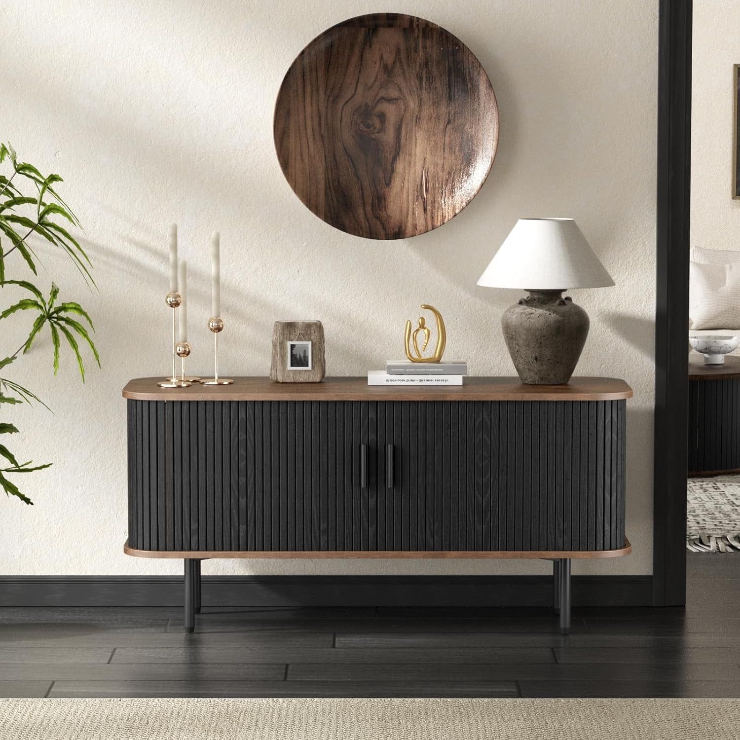 47&#39;&#39;W Black Cabinet with Storage, Media Console, Tambour TV Stand, Television Stands with Curvy Edge; Sliding Door, Fluted Cabinet, Buffet Sideboard, Credenza, Table Stand for Living Room, Kitchen