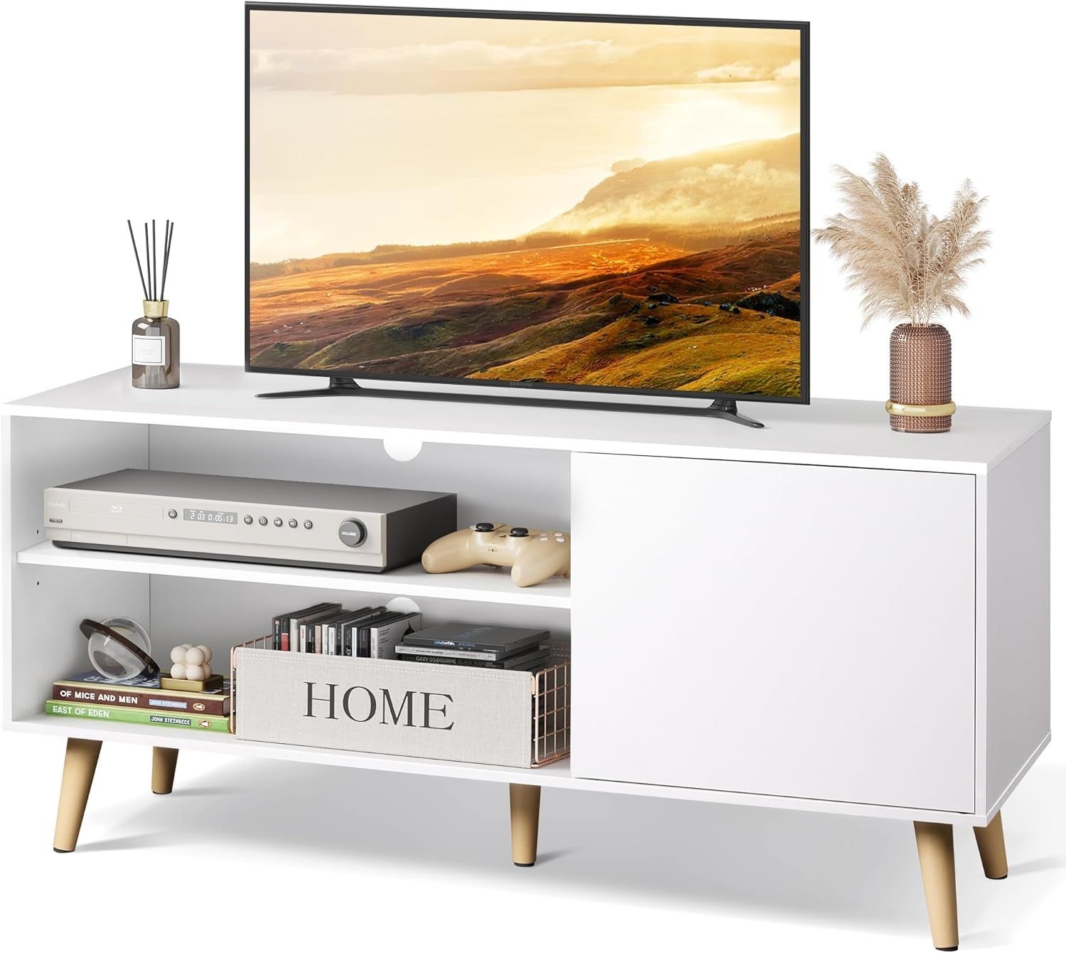 TV Stand for 55 Inch Tvs, Entertainment Center with Storage Cabinet, Mid-Century TV Stands for Living Room and Bedroom, 50&quot; TV Console, White