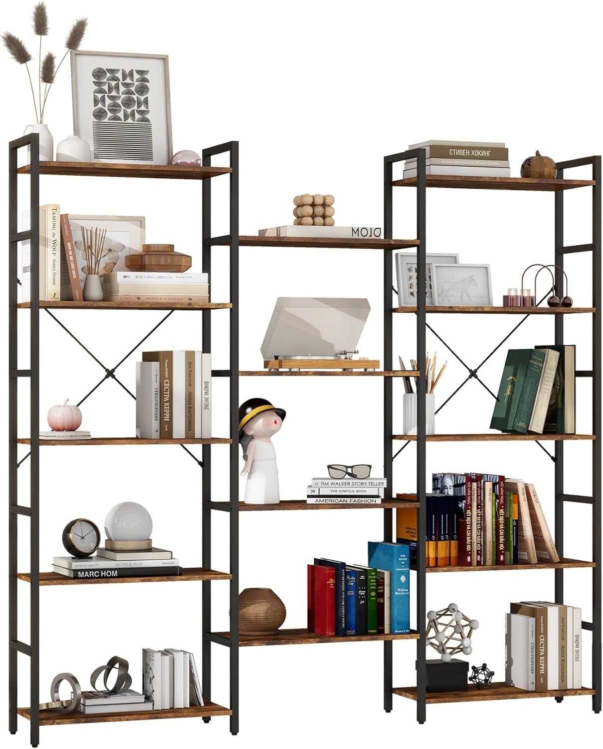Triple 4/5/6 Tier Bookshelf, Industrial Bookcase with 11/14/17 Open Display Shelves Wide Book Shelf Book Case with Metal Frame for Living Room Home Office (Brown, 5 Tier)
