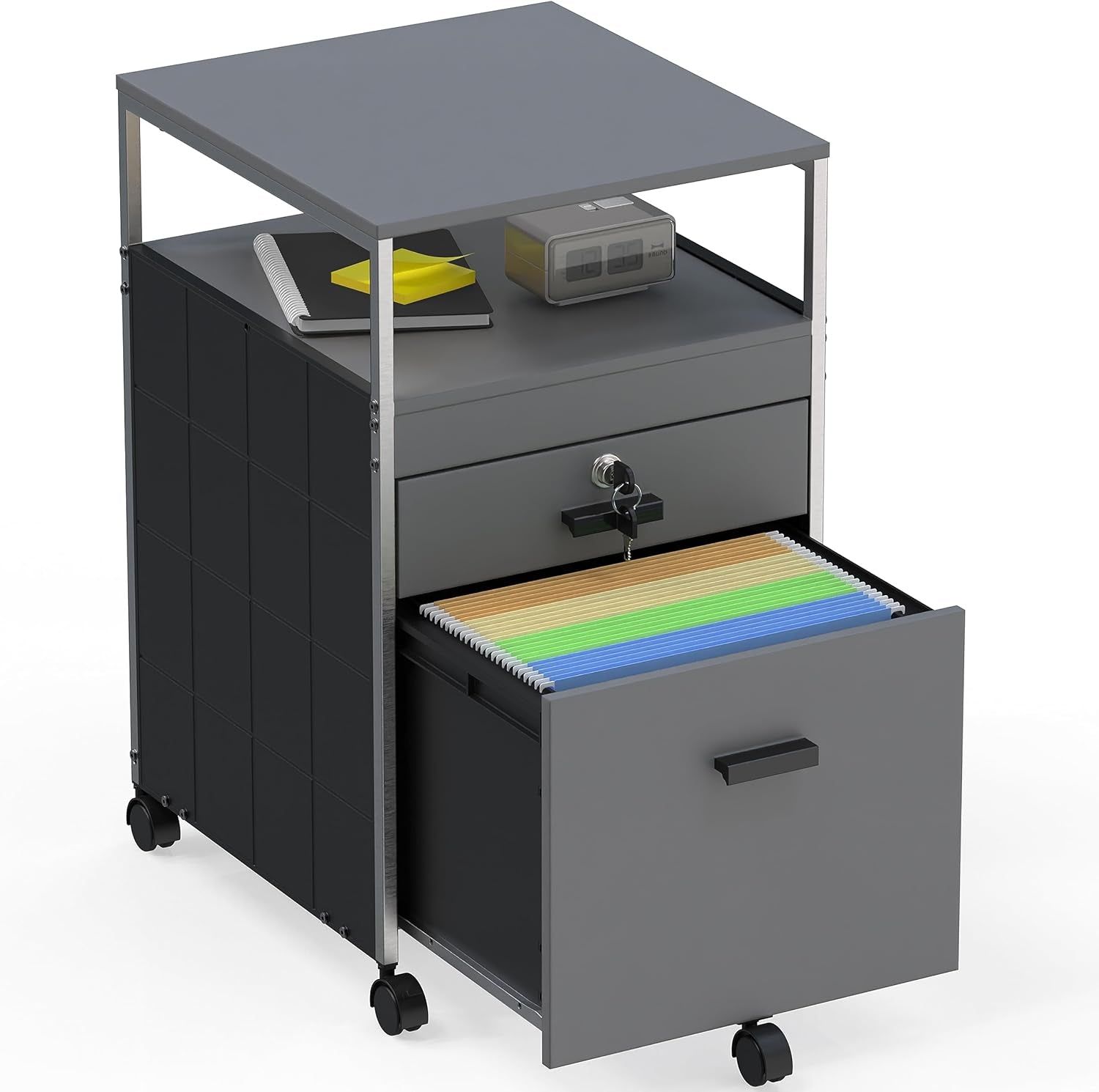 Rolling Mobile File Cabinet W/ 2 Drawers &amp; Open Shelf, Gray