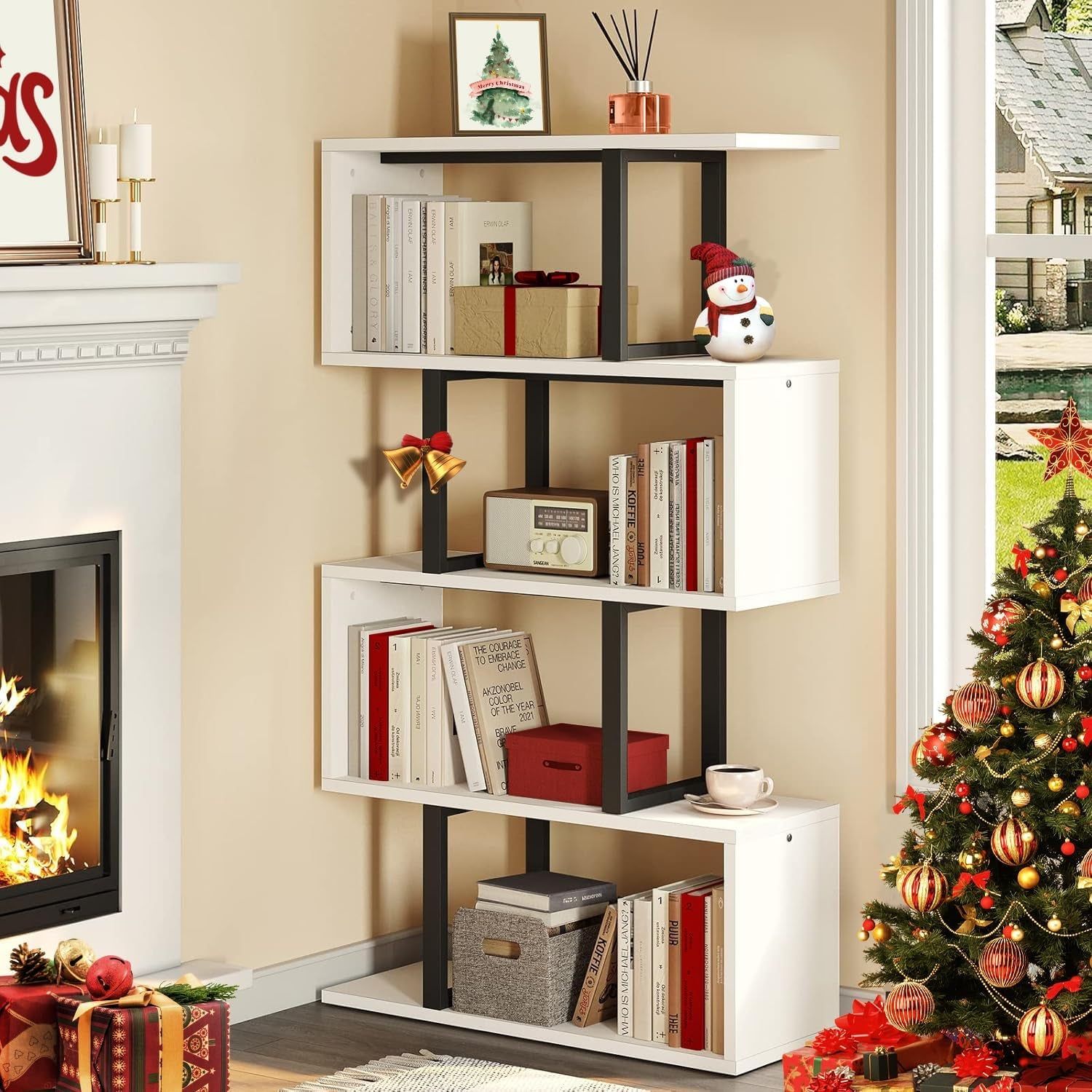 5-Tier Bookshelf, S-Shaped Z-Shelf Bookshelves and Bookcase, Modern Freestanding Multifunctional Decorative Storage Shelving for Living Room Home Office, Cream White