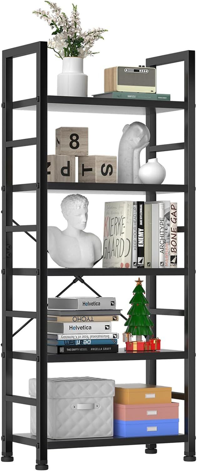 Book Shelf, 5 Tier Bookcase, Modern Tall Bookshelf for Garage Kit, Cds, Movies, Industrial Corner Storage Organizer for Bedroom Home Office Kitchen Living Room, Black