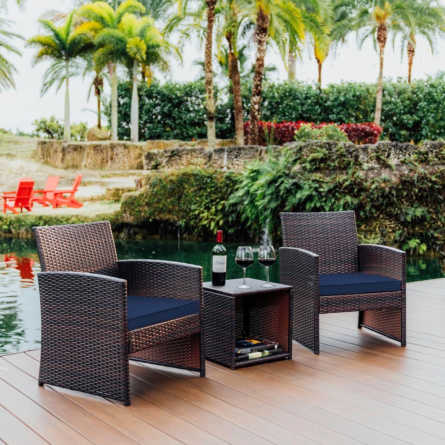 Wicker Outdoor Furniture Set - 3 Piece Patio Bistro Set (Brown/Navy)