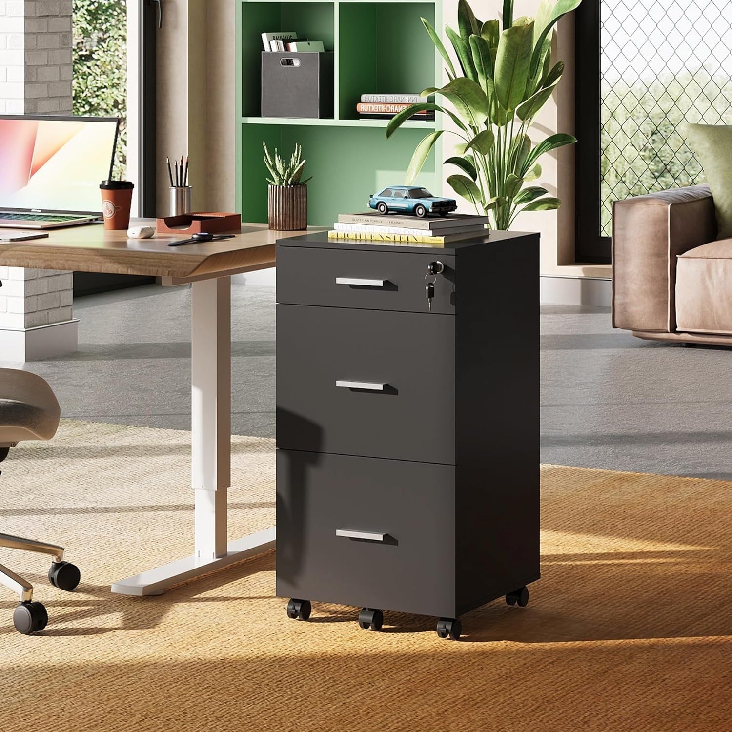 Black 3 Drawer Rolling File Cabinet Lock