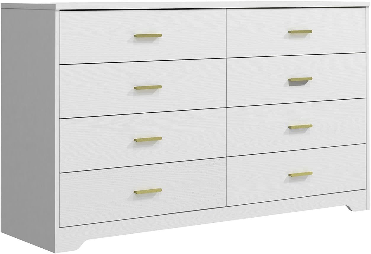 8 Drawer Wood Lateral Dresser, Big Wide Chest of Drawers Storage Organizer with Metal Gold Handles Home Bedroom (White)