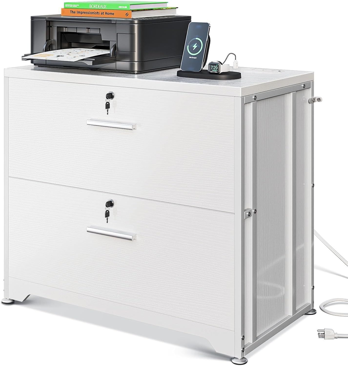 File Cabinet with Charging Station Filing Cabinet for Home Office, Large File Cabinets with Lock, Office Storage Cabinet 2 Drawer for Legal/Letter/A4 File, White