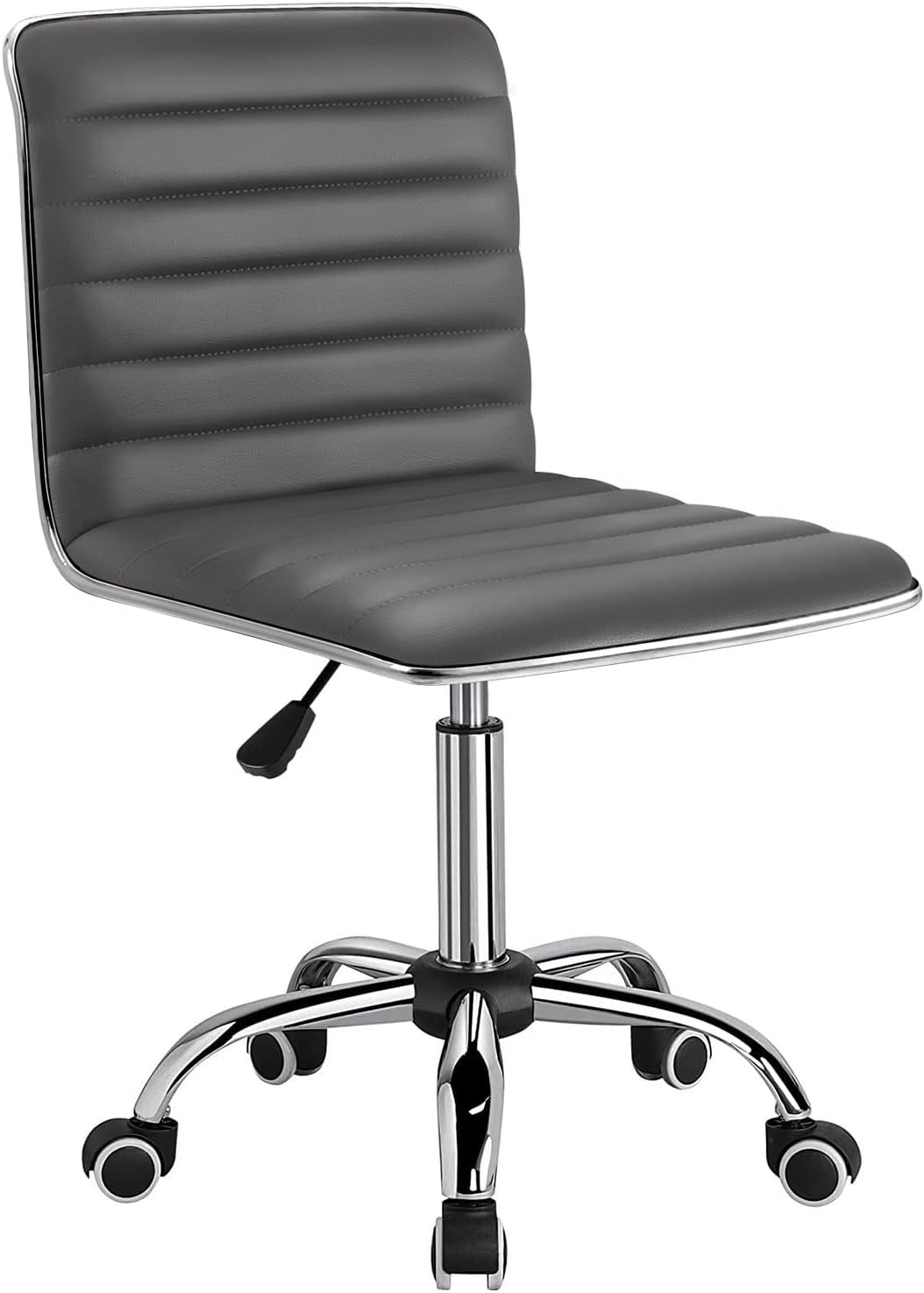 Mid Back Task Chair, Low Back Leather Swivel Office Chair, Vanity Chair for Makeup Room, Computer Desk Chair Retro with Armless Ribbed (Grey)