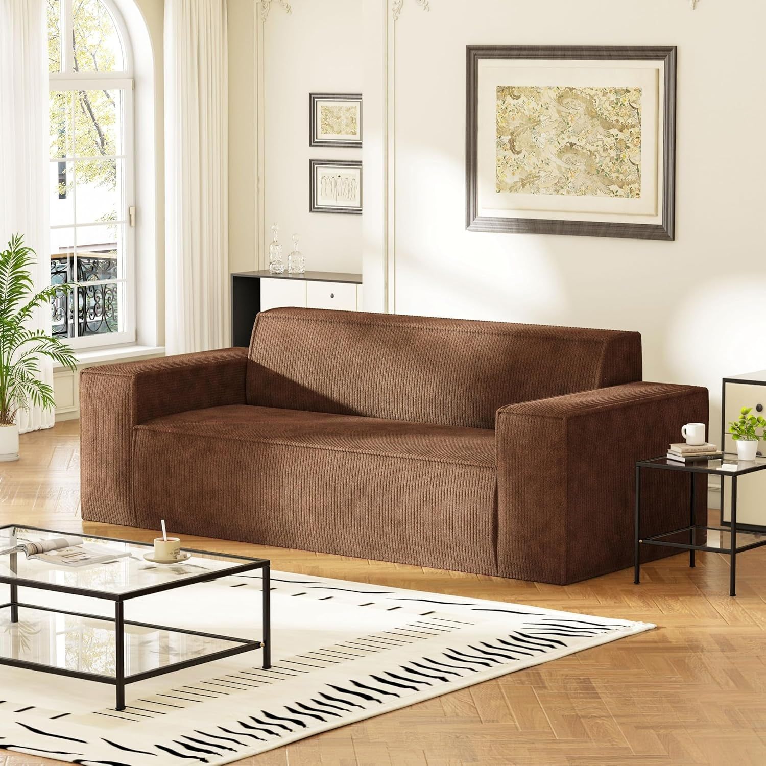 Sofa-In-A-Box, Memory Foam 3-Seater Couch, No Installation &amp; Easy to Transport, Deep Seat Modern Sofa with Corduroy Fabric, Couch for Living Room, Bedroom, Apartment, Home Office, Brown