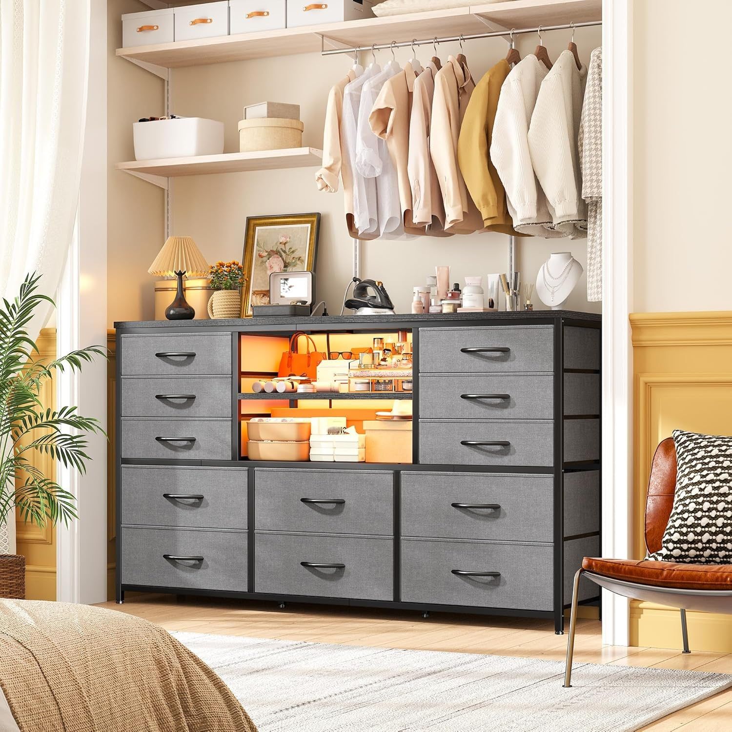 12 Drawer Long Dresser LED Lights Power Outlet