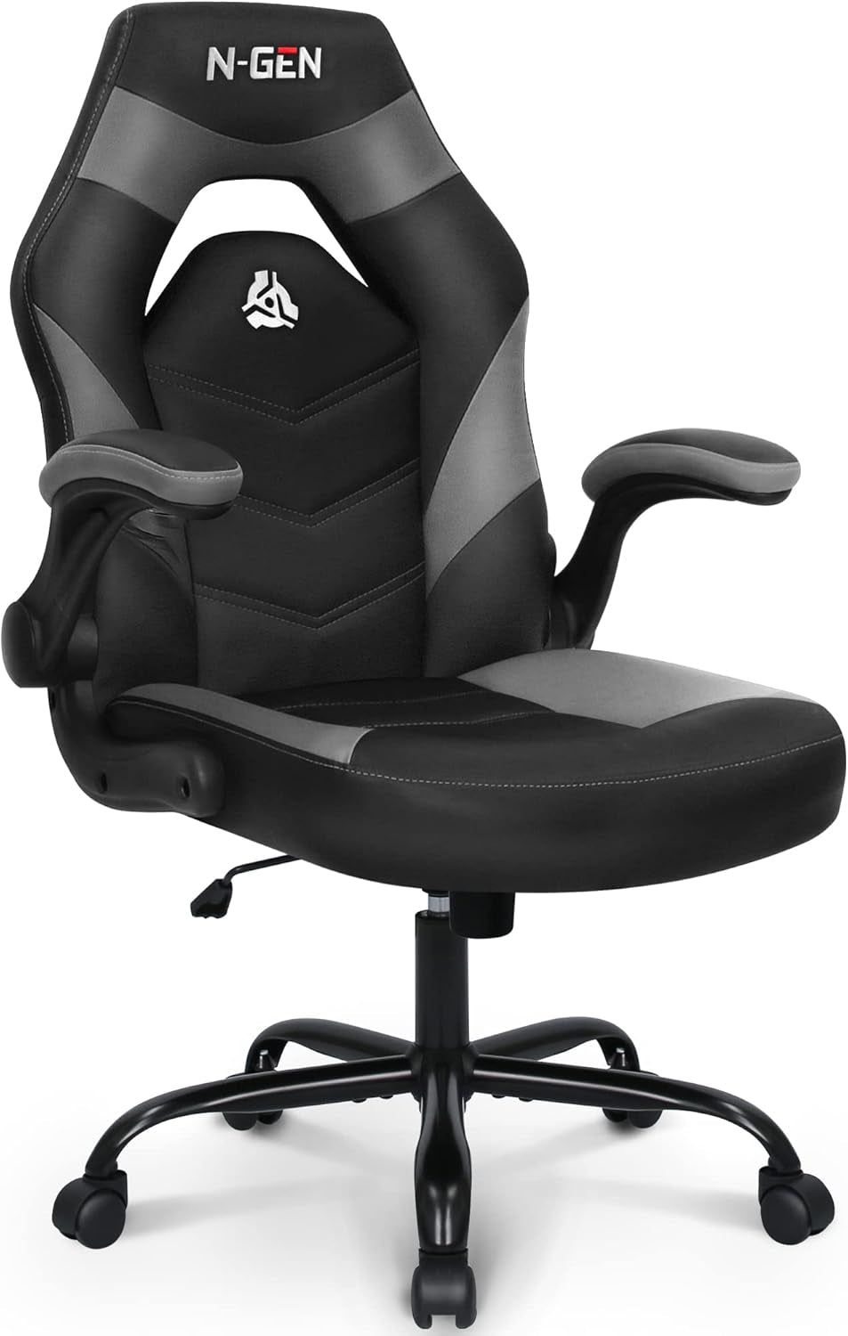 N-GEN Video Gaming Computer Chair Ergonomic Office Chair Desk Chair with Lumbar Support Flip up Arms Adjustable Height Swivel PU Leather Executive with Wheels for Adults Women Men (Grey)