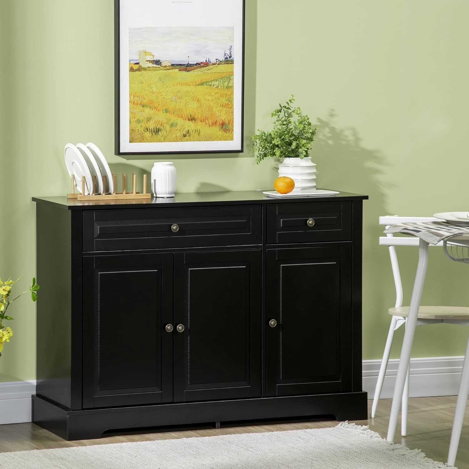 Black Modern Buffet Cabinet with Drawers Adjustable Shelves