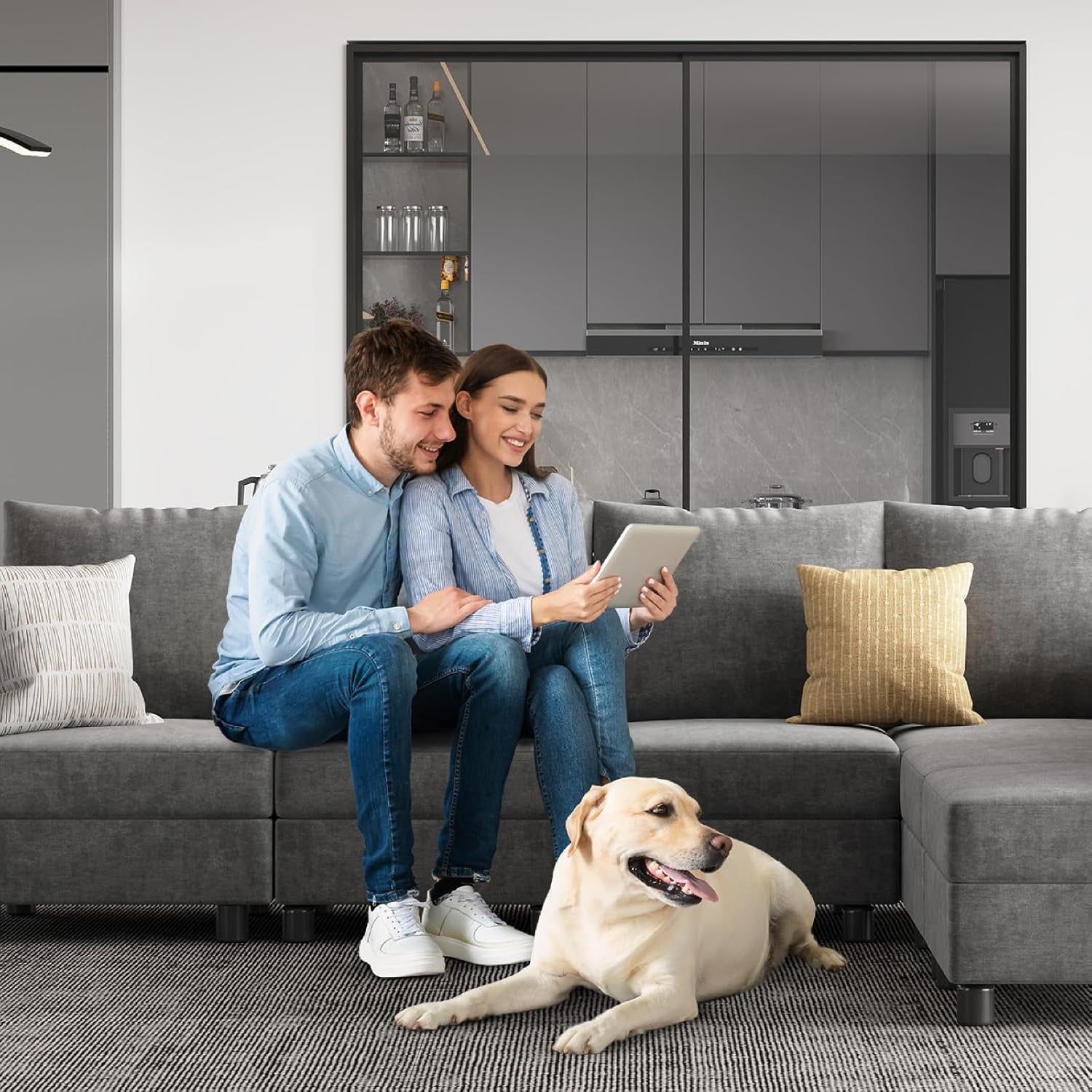 Light Gray Modular Sectional: Storage, Reversible Chaise, Ottoman