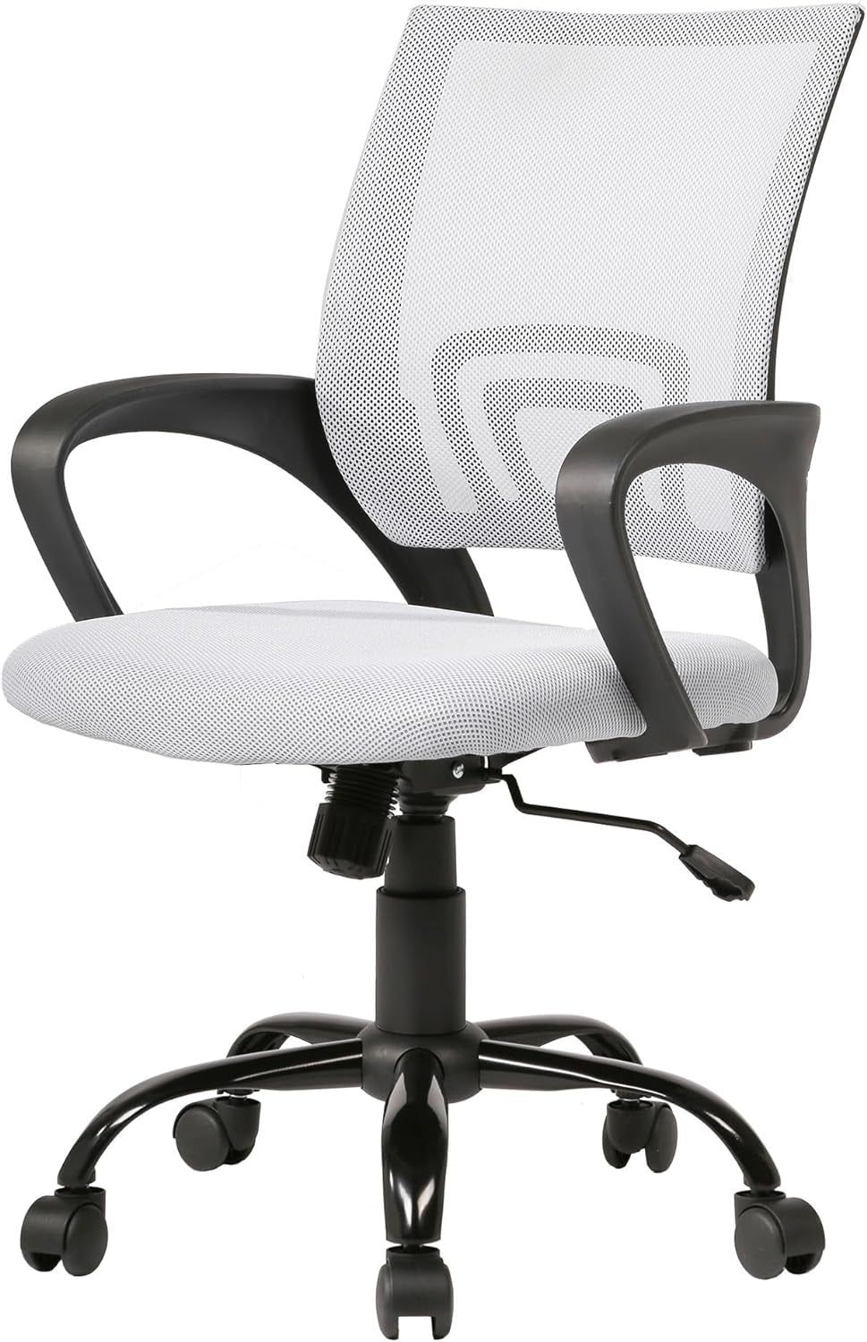 Office Chair Computer Chair Ergonomic Cheap Desk Chair Adjustable Comfortable Mid Back Task Rolling Swivel Chair with Lumbar Support for Home Office Desk (White)