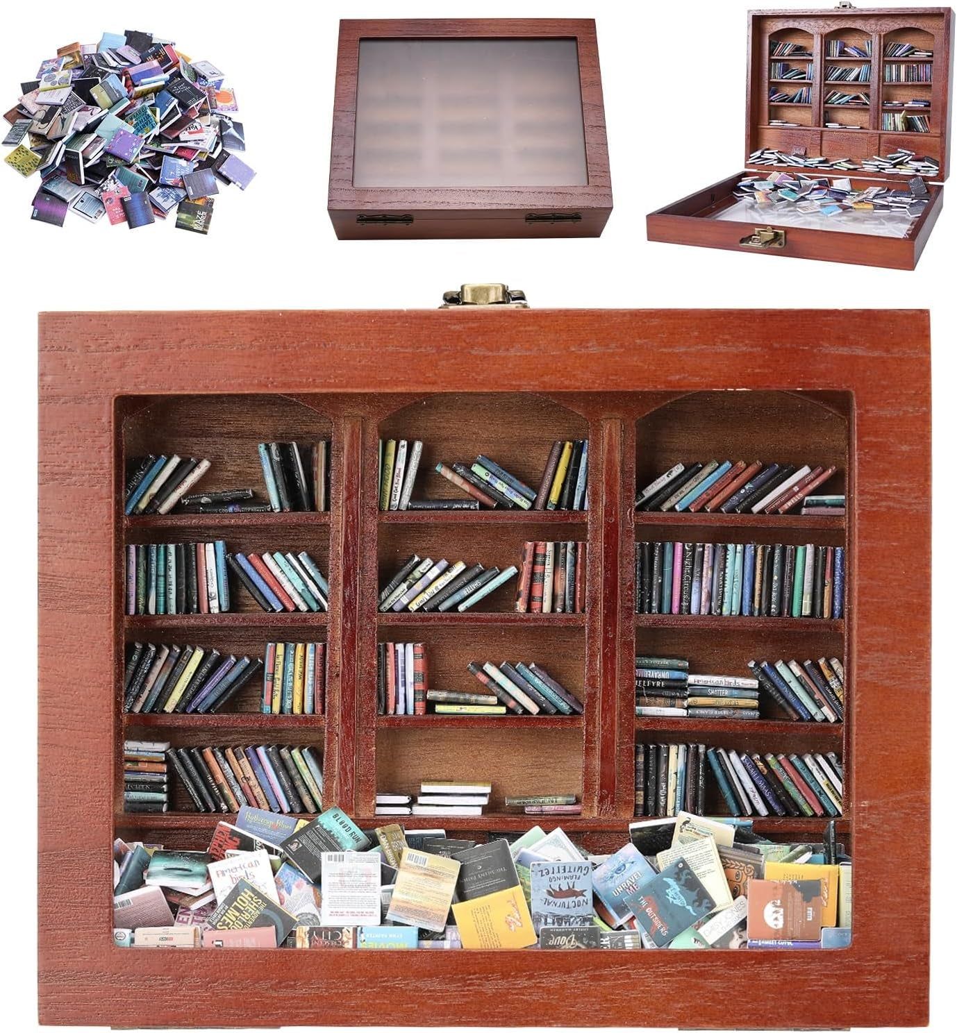 Anxiety Bookshelf Tiny Miniature Library Display Cabinet with Mini Books | Stress Relief and Creativity Decor - Mini Book Matchbox Shelf for Anxiety Relief