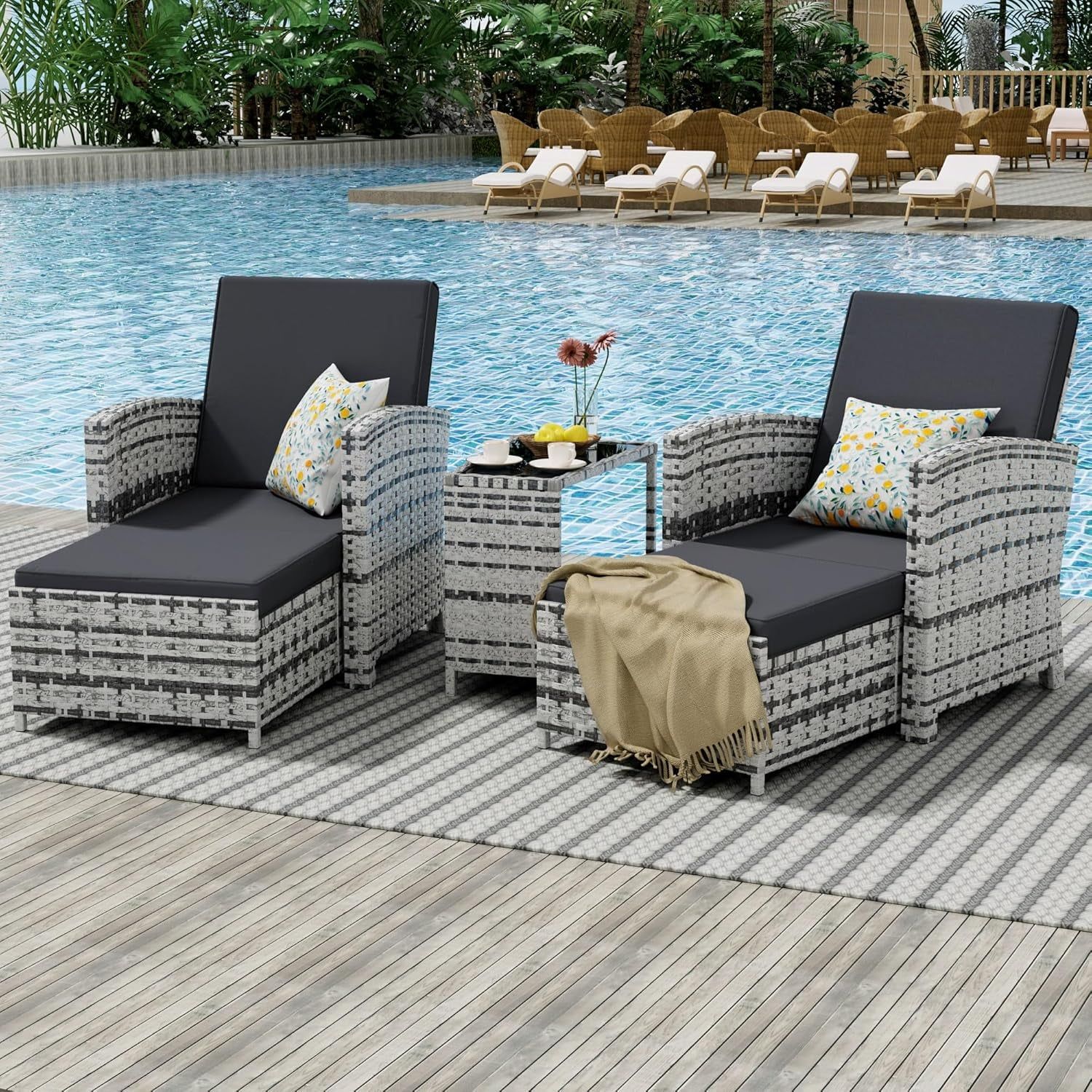 Outdoor Patio Chairs with Ottomans, 5 Piece Outdoor Patio Furniture Set, Wicker Patio Conversation Set, Outdoor Sofa with Ottoman, and Table for Porch, Garden, and Balcony, Grey