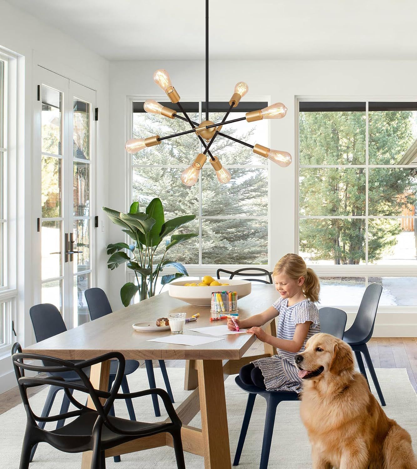 8 Lights Dining Room Light Fixtures Modern Sputnik Chandelier Black and Gold Mid Century Pendant Light for Kitchen Island Entryway Foyer Living Room UL Listed