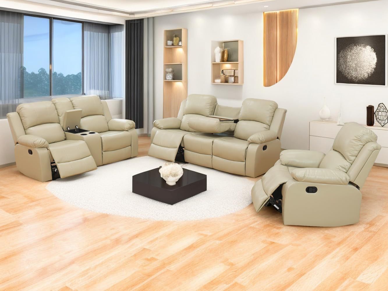 Beige Recliner Sofa Set 3PCS Manual Reclining Sofa Living Room Furniture Sets Contempary Bonded Leather Reclining Couch Set with Cup Holder/Storage Console for Home/Office (Beige, 3PCS Set)