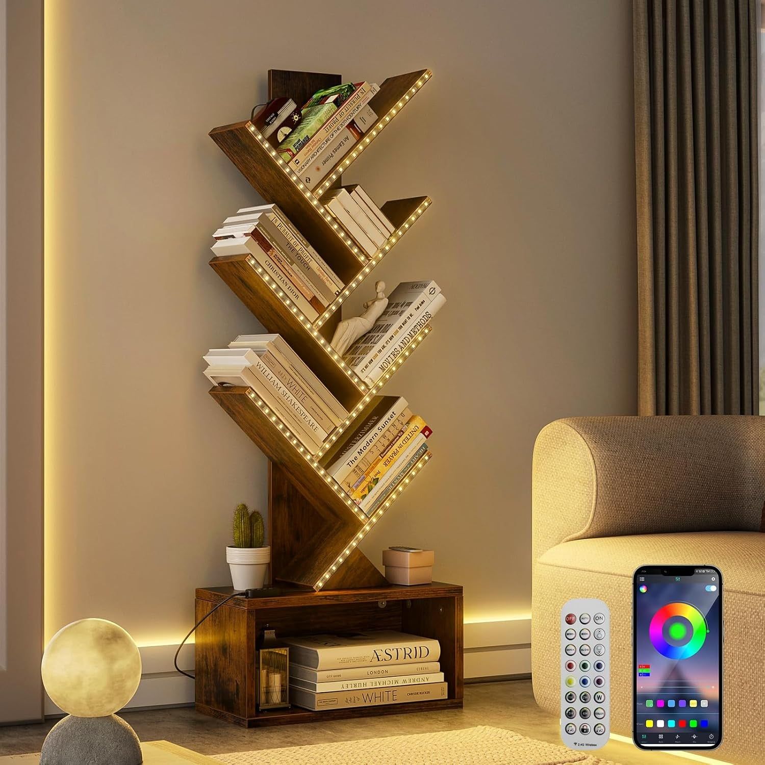 6 Tier Tree Bookshelf with LED Light, Vertical Bookcase Tower with Remote App Control, Music Sync Color Changing Floor Standing Book Shelf, Rustic Brown