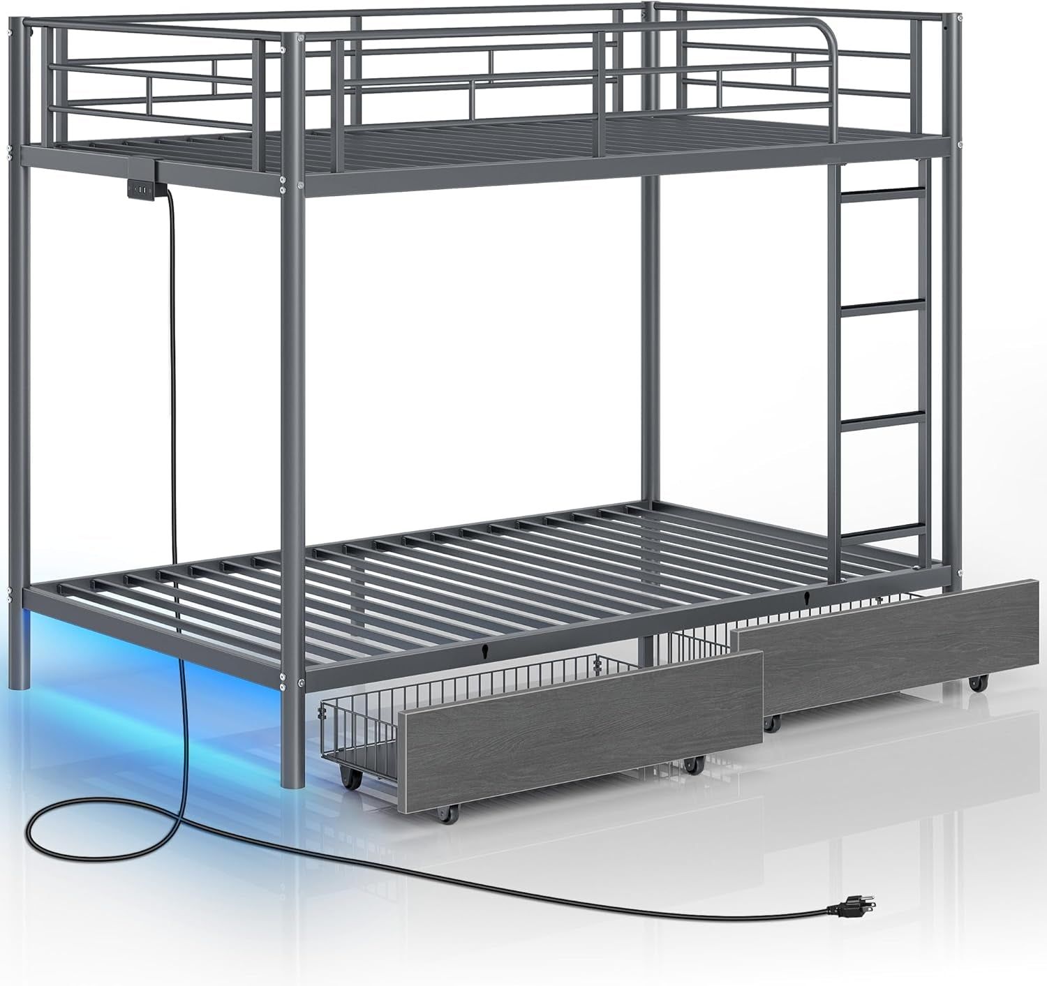 Metal Bunk Bed Twin over Twin with USB Charging Station, LED Bunk Bed with 2 Storage Drawers, Bed with Safety Guardrail &amp; Ladders, No Box Spring Needed, Easy Assembly, Grey
