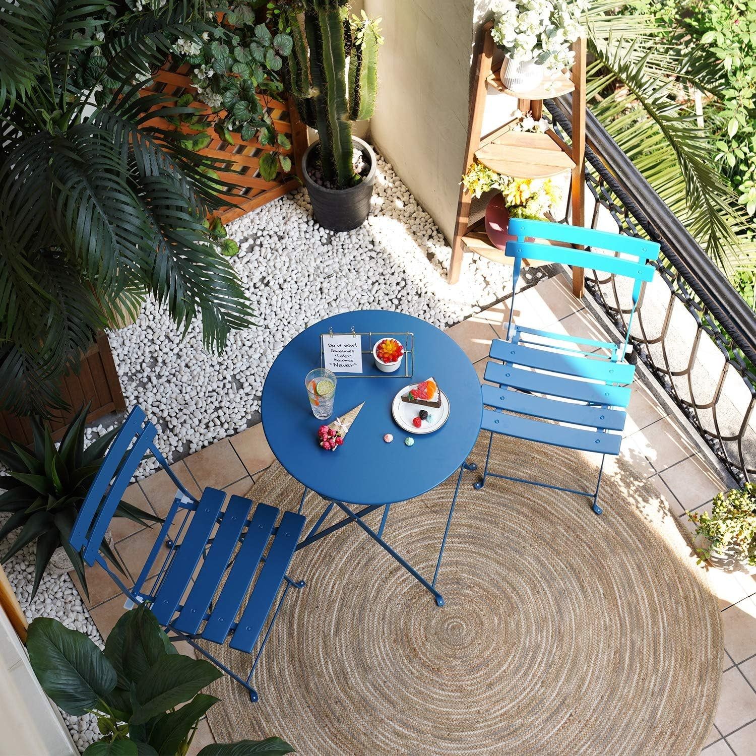 3-Piece Folding Bistro Set, 2 Chairs and 1 Table, Weather-Resistant Outdoor/Indoor Conversation Set for Patio, Yard, Garden -Peacock Blue