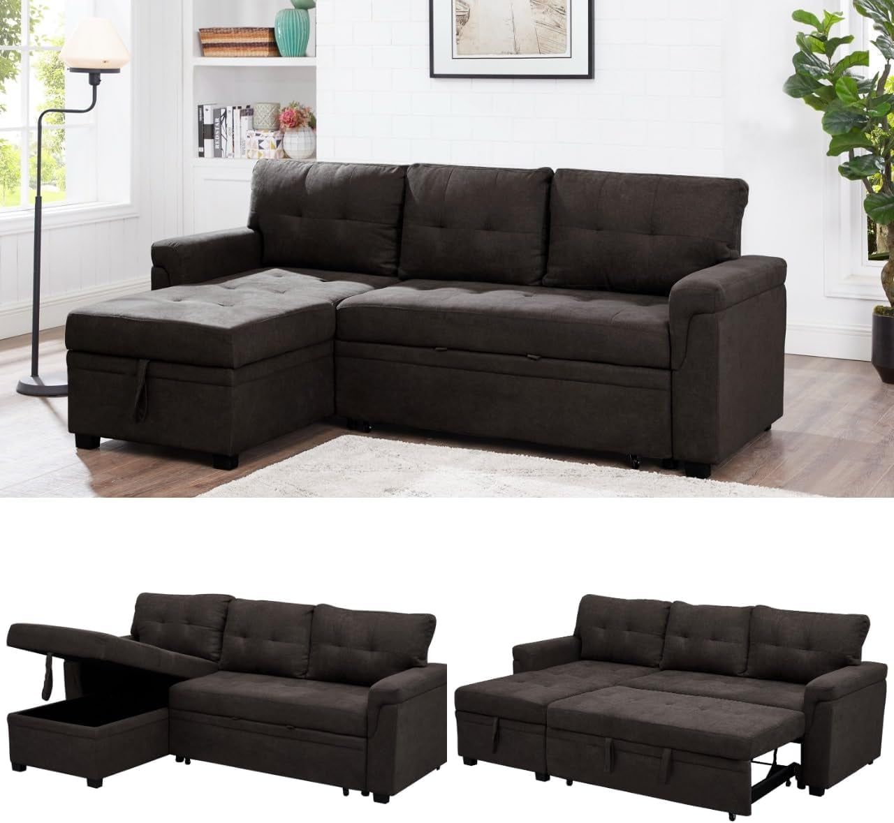 Transform Any Space: Sleeper Sectional Sofa with Convertible Sofa Bed &amp; Inviting Chaise. Find Tranquil Comfort with Stress-Relieving Design &amp; Durable Cushions - Espresso/Velvet