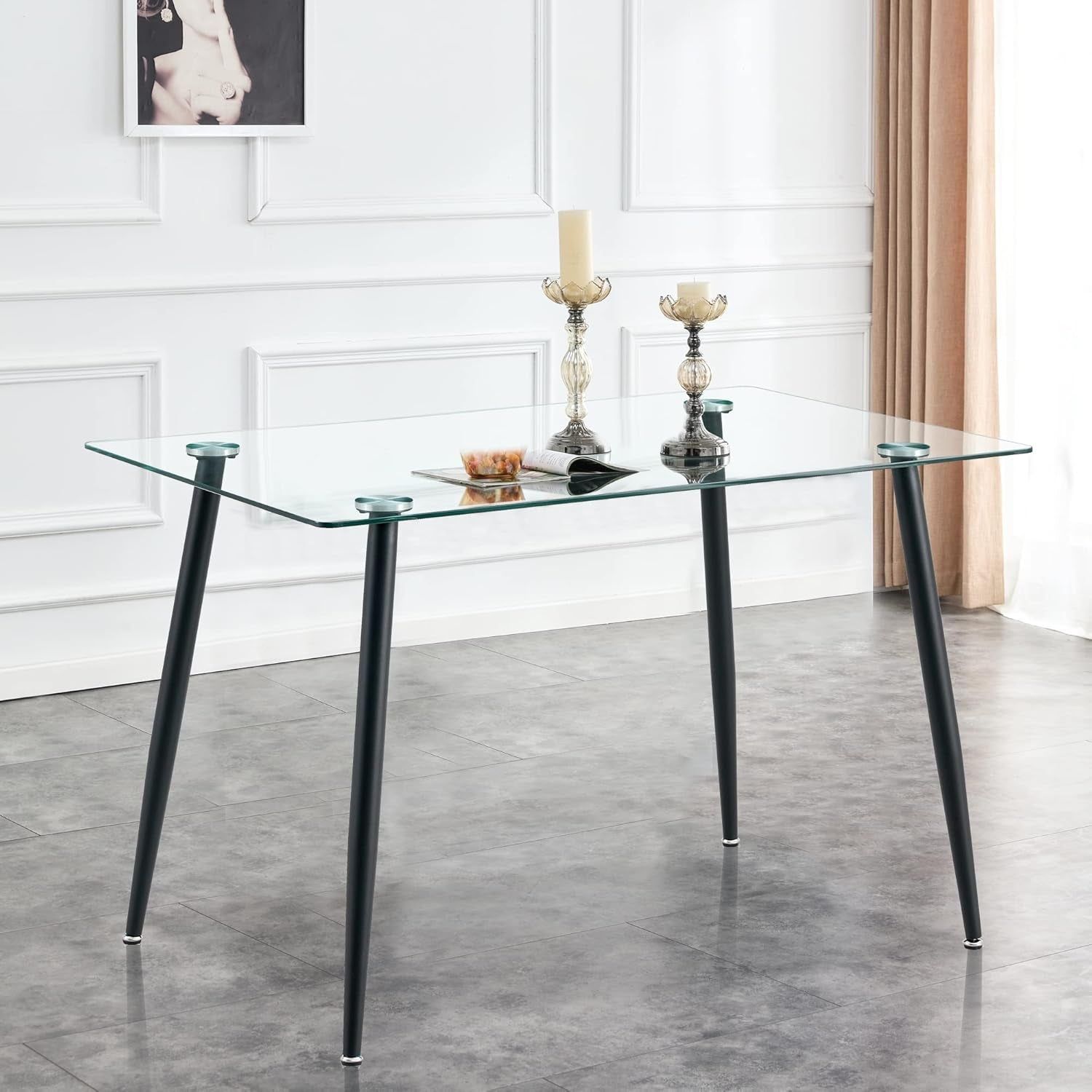 51 Inch Glass Dining Table for 4, Rectangular Glass Dining Room Table with Clear Tempered Glass Tabletop, Glass Kitchen Table with Black Metal Legs for Dining Room Living Room