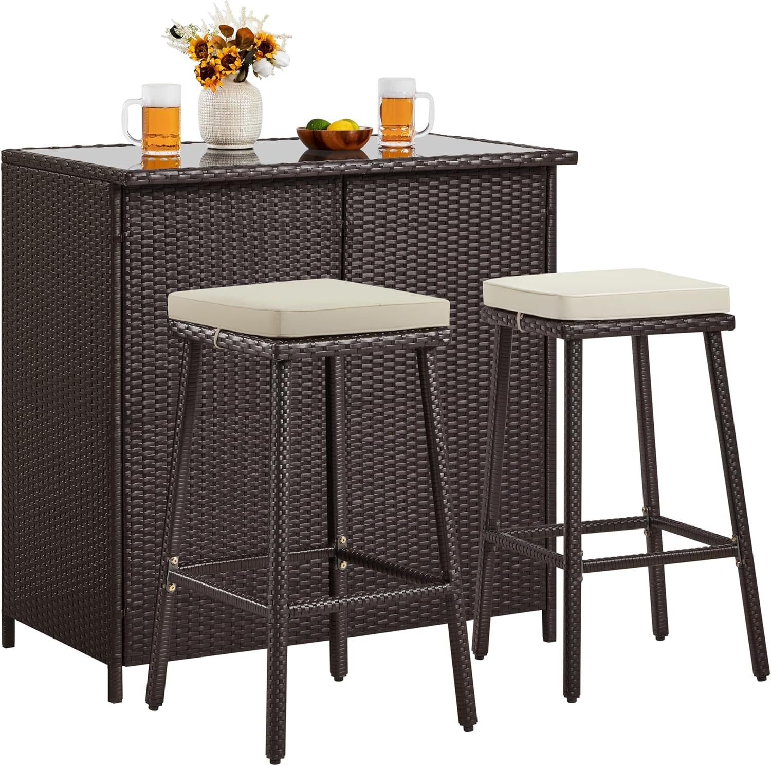 3Pcs Outdoor Bar Set, Patio Wicker Bar Furniture with 2 Storage Shelves, Glass Top Table, Cushions and Two Stools, Brown/Khaki