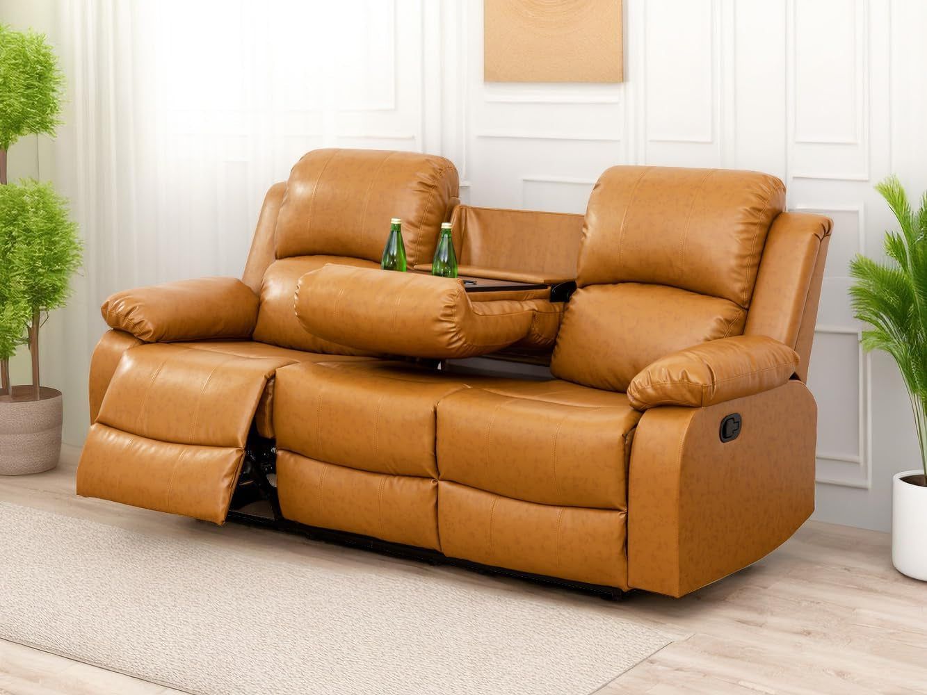 Manual Reclining Sofa 3 Seater Recliner Sofa Couch Living Room Furniture Modern Leather Reclining Sofa with Cup Holders &amp; Flip-Down Table for Living Room/Office/Rv Car (Ginger, 3 Seater Sofa)