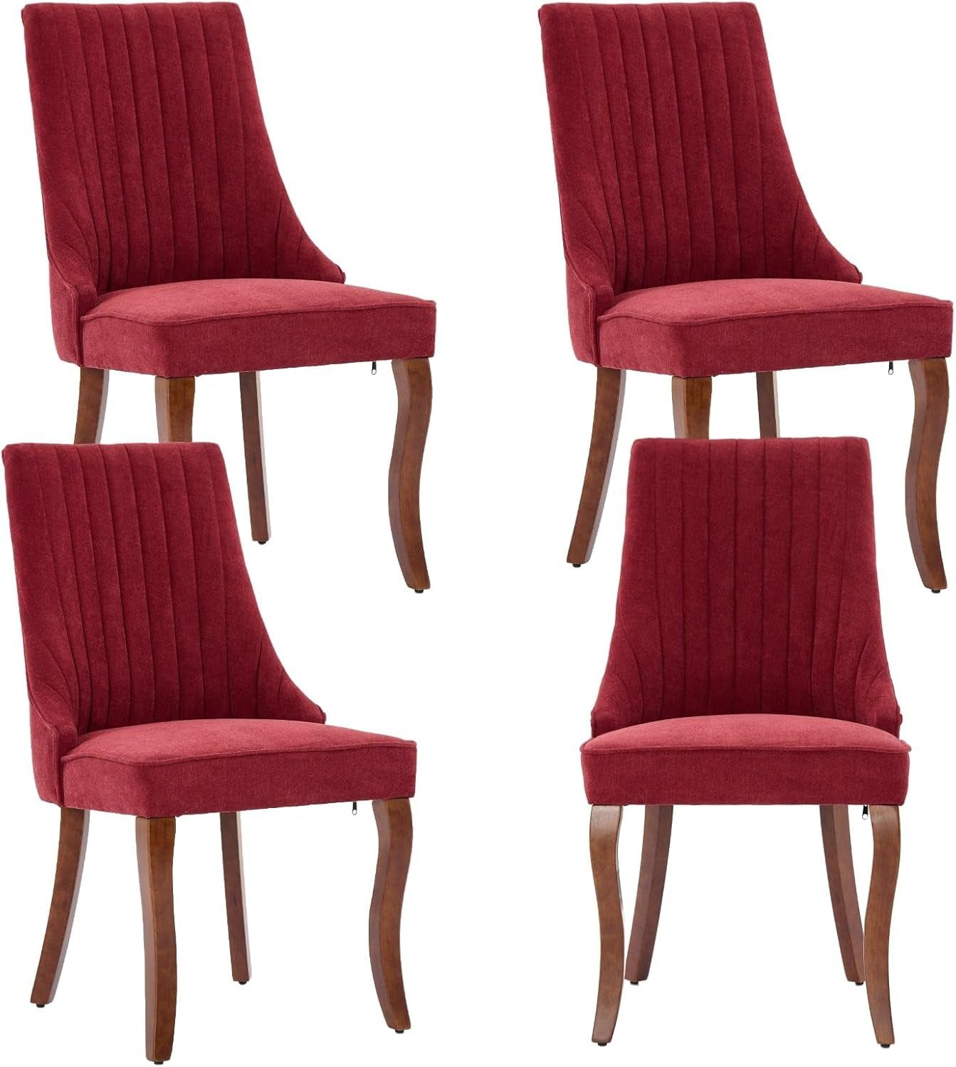 Velvet Dining Chairs Set of 4,Comfy Fabric Upholstered Accent Chairs for Kitchen Living Room,Channel Tufted Dining Room Chairs with Curved Solid Wood Legs(Wine Red)