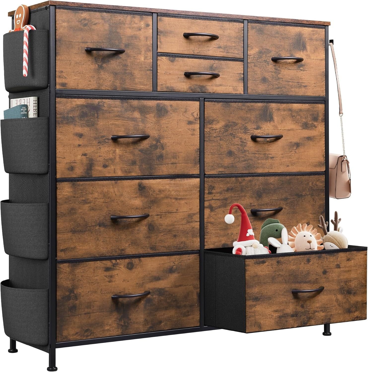 Dresser for Bedroom with 10 Drawers, Fabric Dresser Chest of Drawers with Side Pockets and Hooks, Sturdy Metal Frame, Drawers Organizer Unit for Room, Hallway, Rustic Brown Wood Grain Print