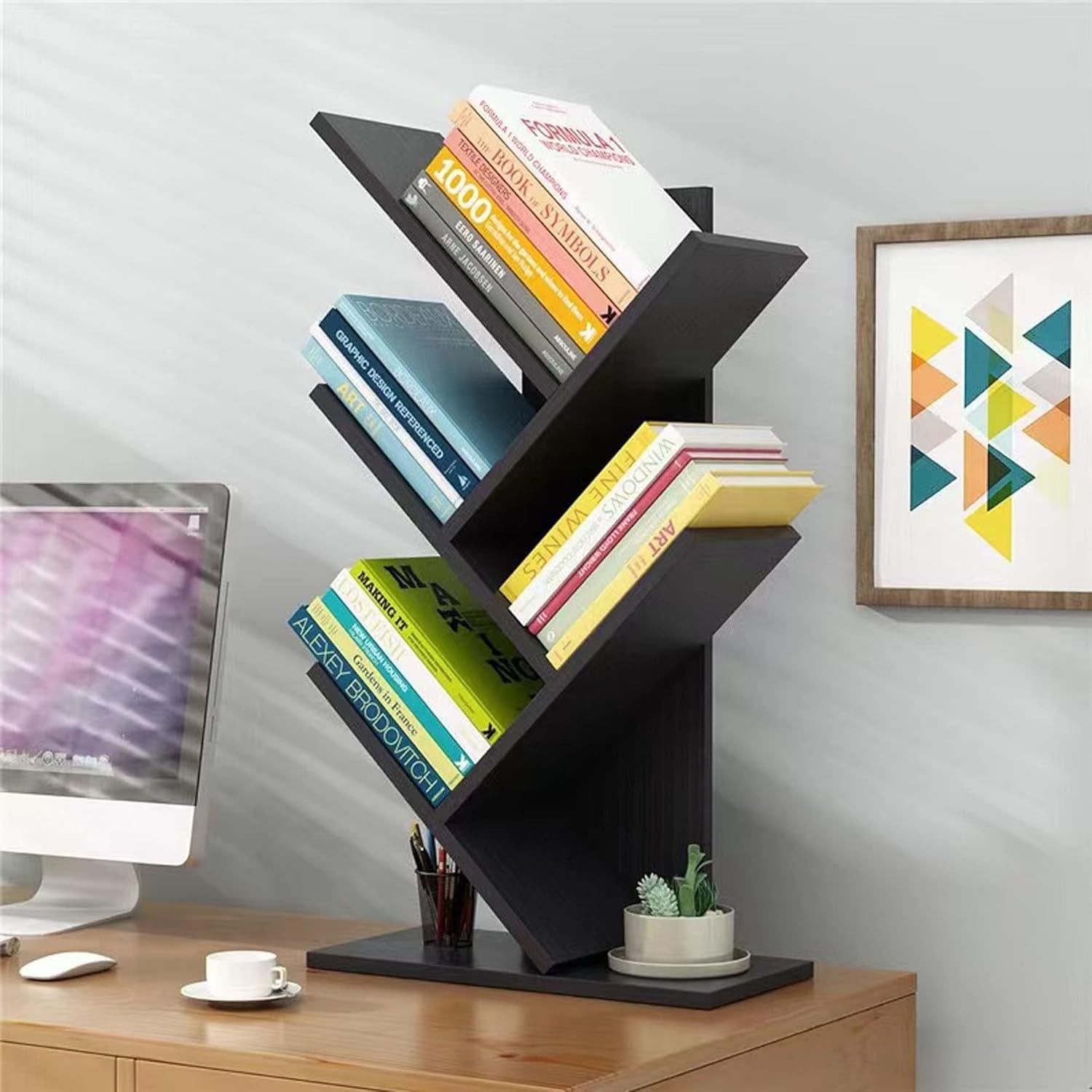 Book Tree Bookshelf, 5-Tier Wood Bookshelf Tree Bookcase for Displaying Books, Cds, Magazines and More at Office, Home or School